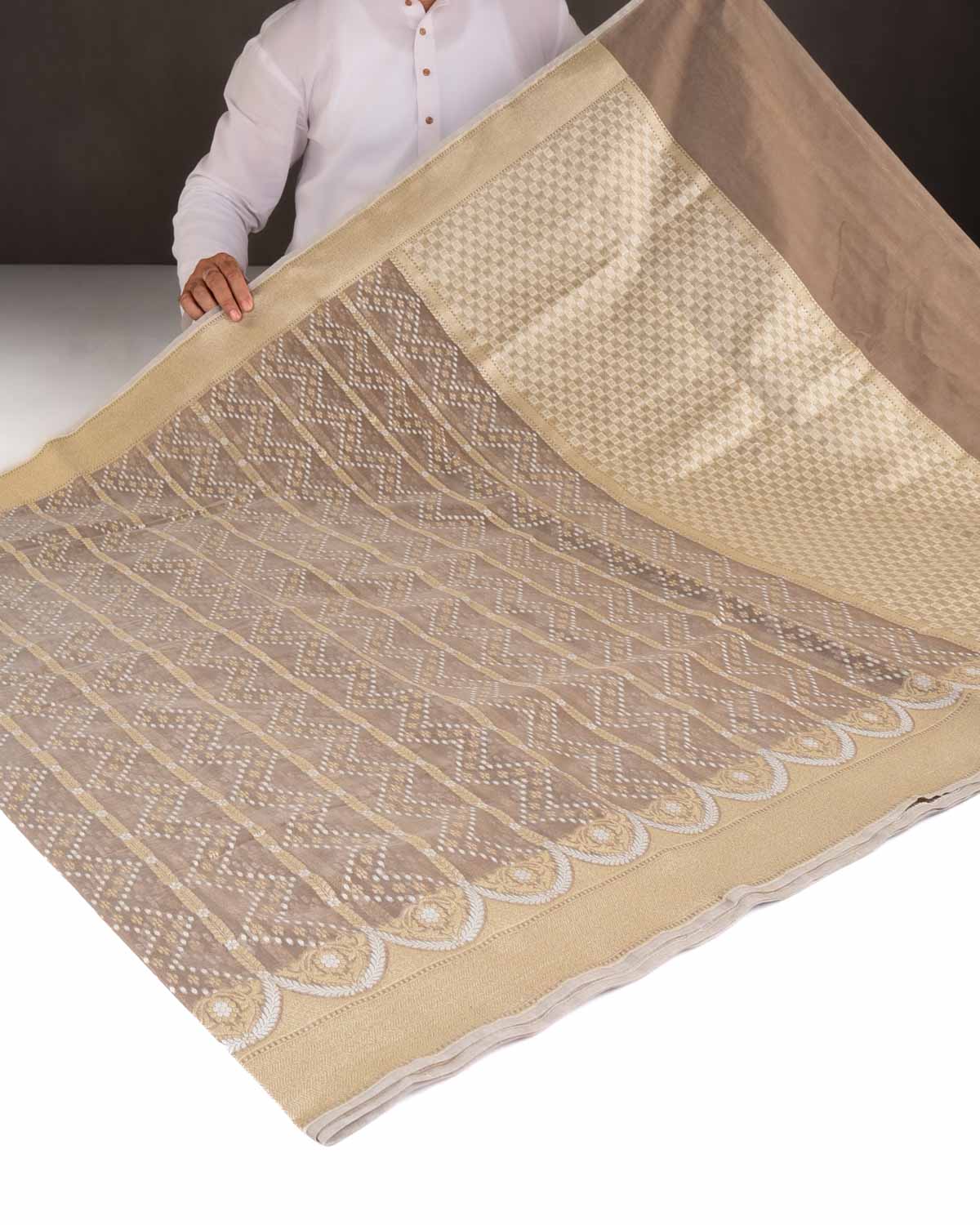 Brown Gold Zari & Resham Cutwork Brocade Woven Art Cotton Silk Banarasi Saree-HolyWeaves