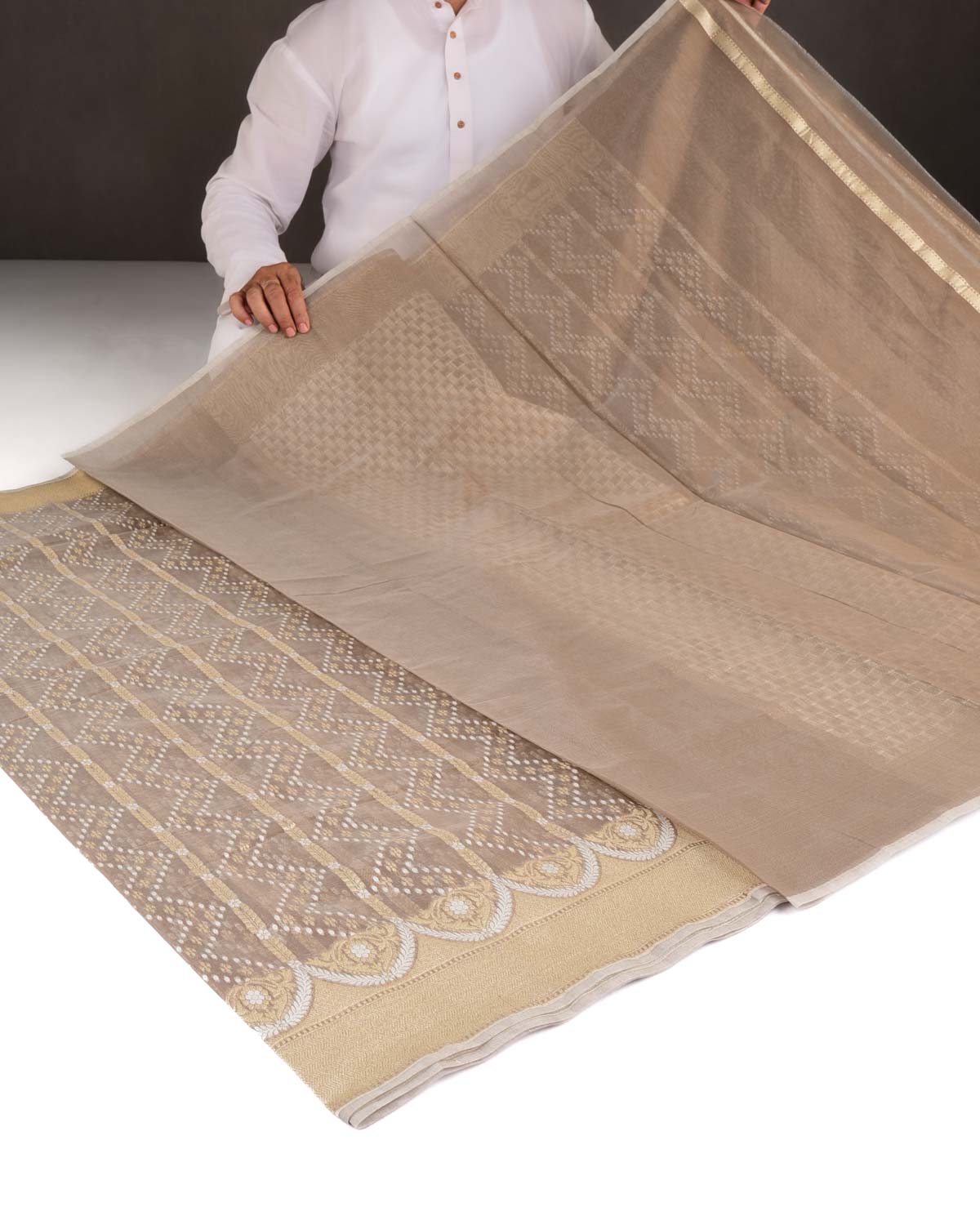 Brown Gold Zari & Resham Cutwork Brocade Woven Art Cotton Silk Banarasi Saree-HolyWeaves
