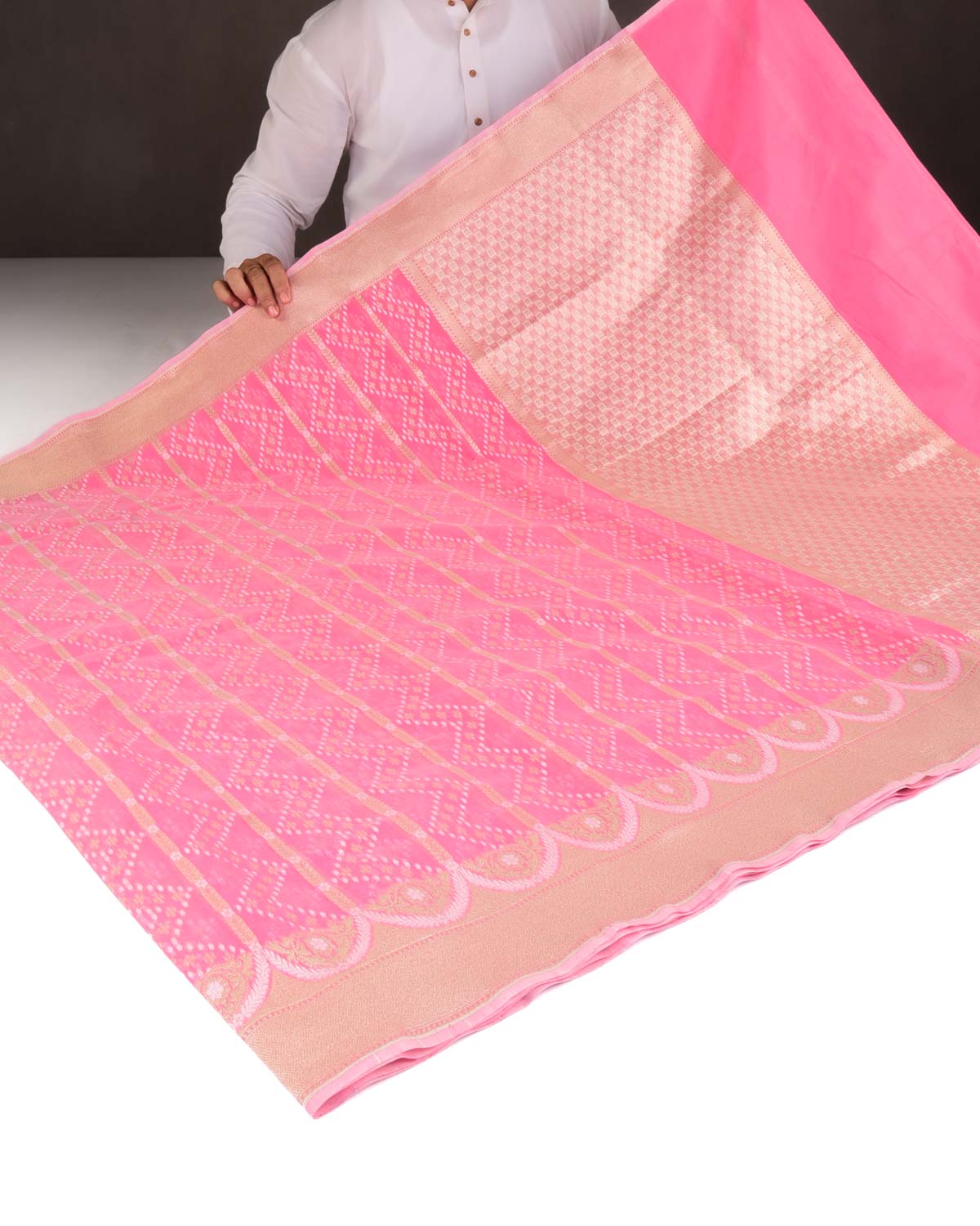 Pink Gold Zari & Resham Cutwork Brocade Woven Art Cotton Silk Banarasi Saree-HolyWeaves