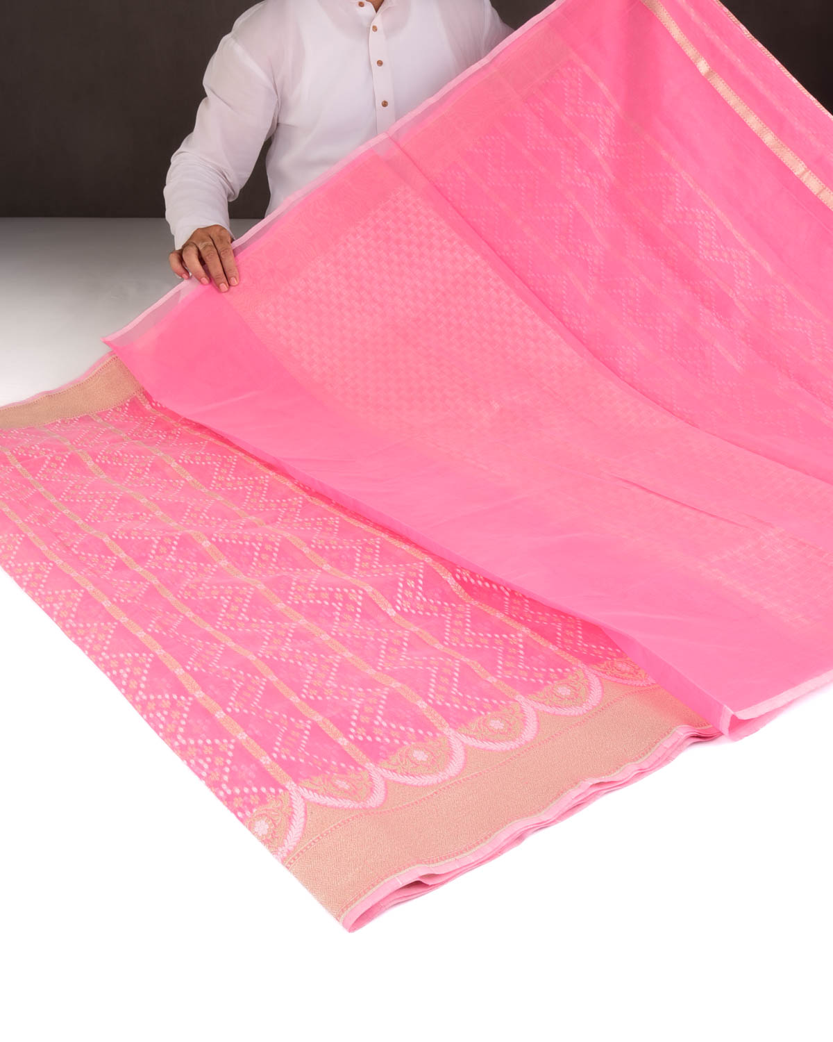 Pink Gold Zari & Resham Cutwork Brocade Woven Art Cotton Silk Banarasi Saree-HolyWeaves