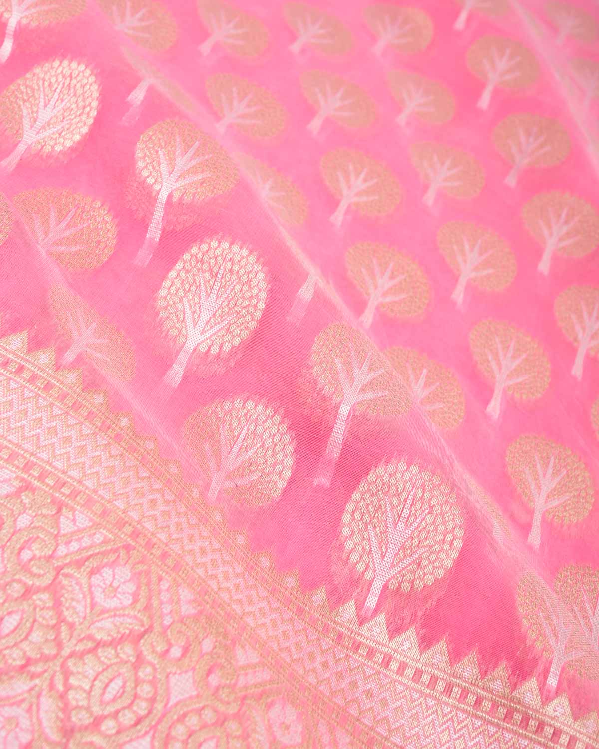 Pink Gold & Silver Zari Buti Cutwork Brocade Woven Art Cotton Silk Banarasi Saree-HolyWeaves