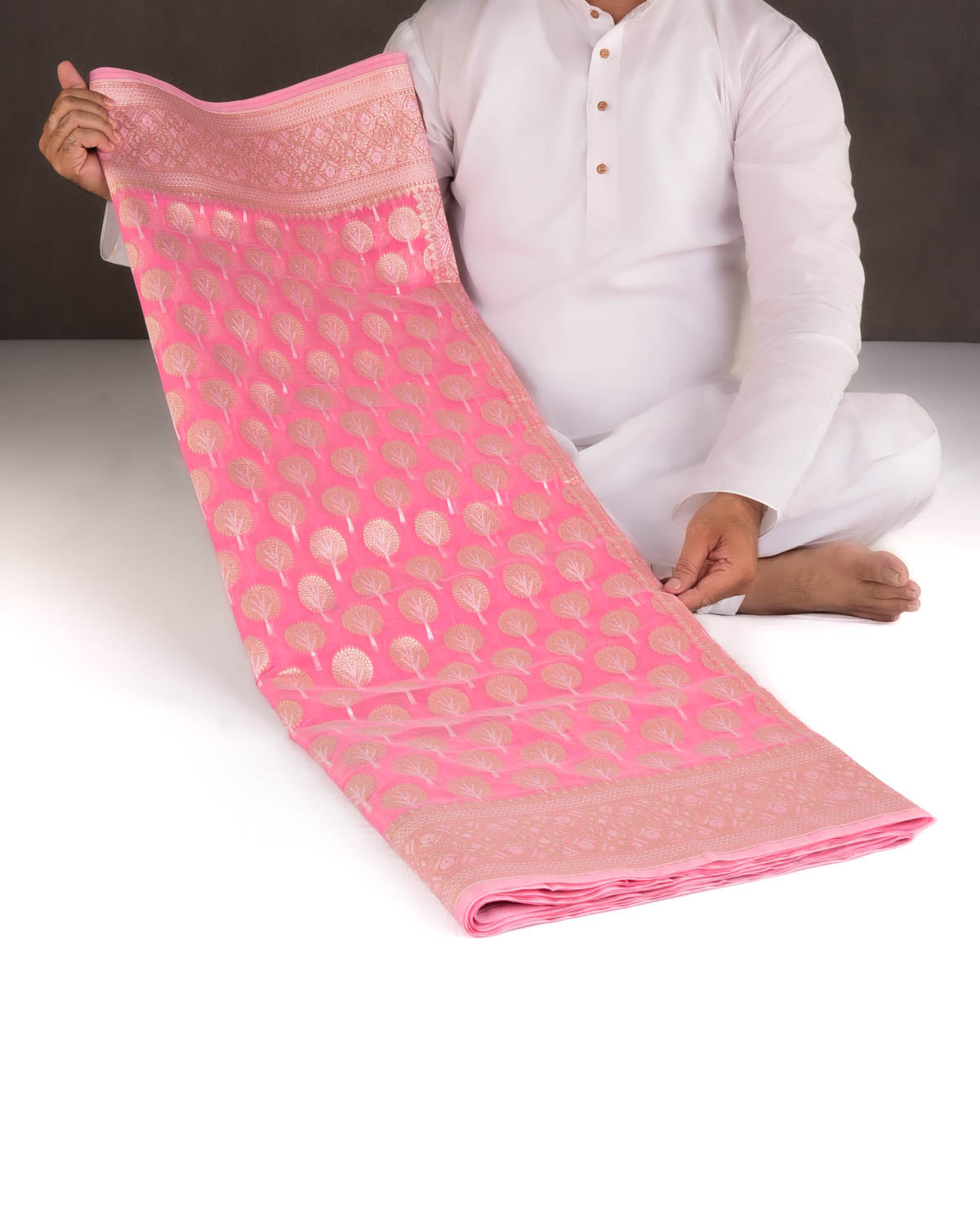 Pink Gold & Silver Zari Buti Cutwork Brocade Woven Art Cotton Silk Banarasi Saree-HolyWeaves