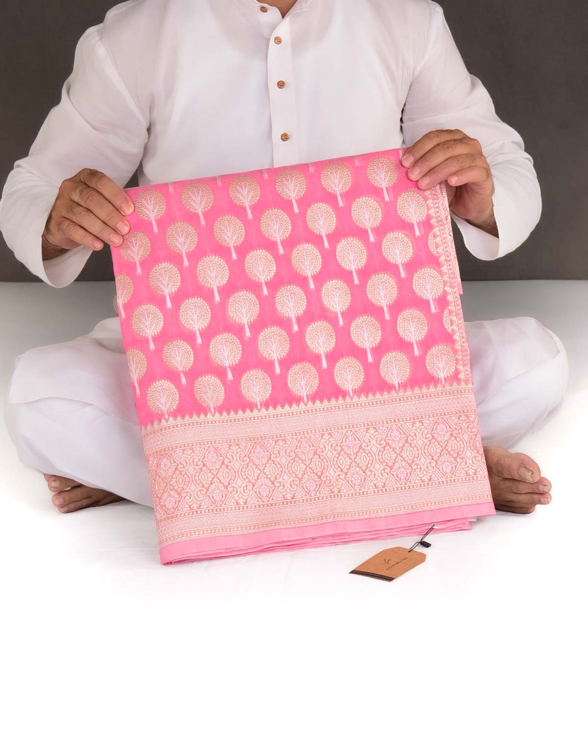 Pink Gold & Silver Zari Buti Cutwork Brocade Woven Art Cotton Silk Banarasi Saree-HolyWeaves