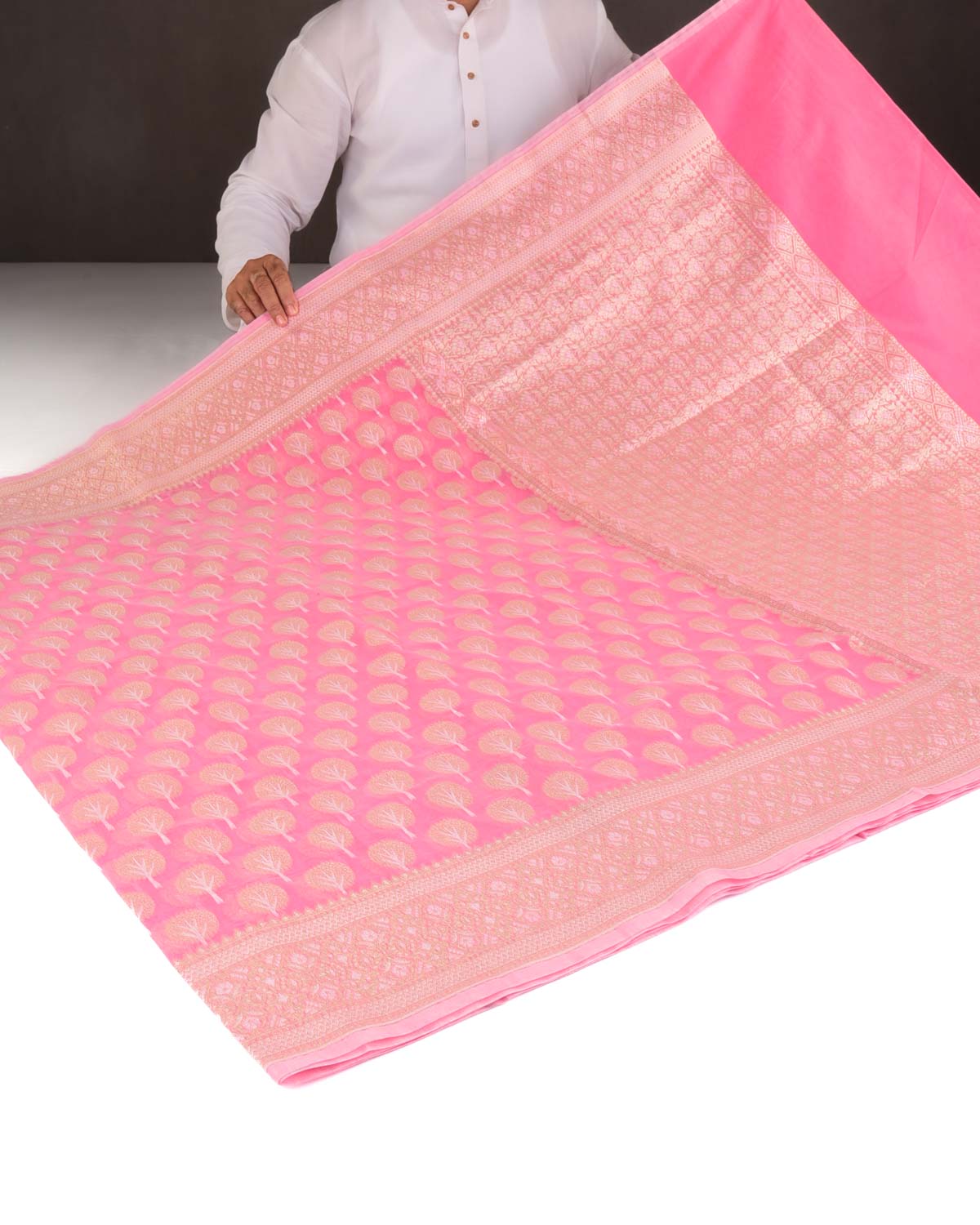 Pink Gold & Silver Zari Buti Cutwork Brocade Woven Art Cotton Silk Banarasi Saree-HolyWeaves