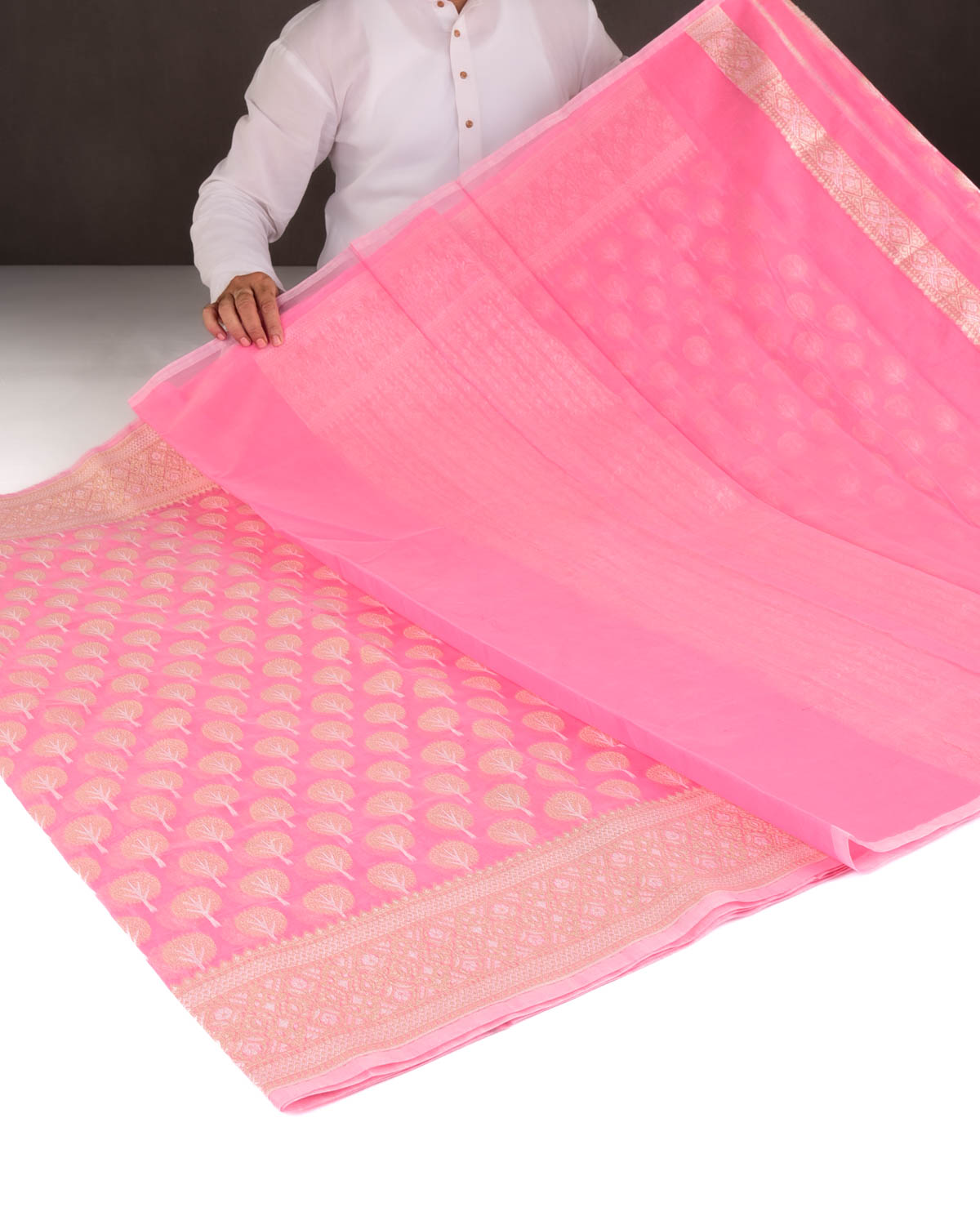 Pink Gold & Silver Zari Buti Cutwork Brocade Woven Art Cotton Silk Banarasi Saree-HolyWeaves
