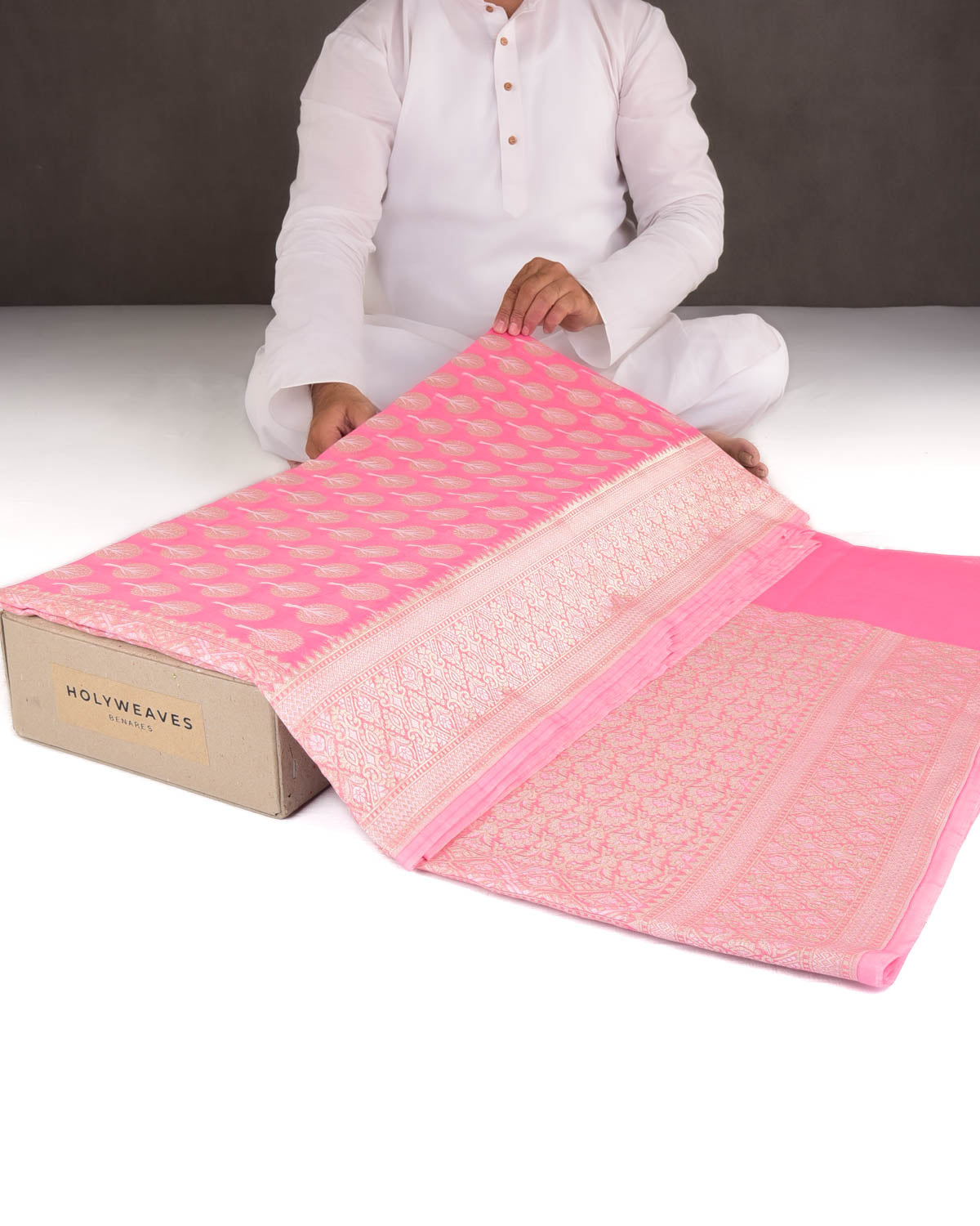 Pink Gold & Silver Zari Buti Cutwork Brocade Woven Art Cotton Silk Banarasi Saree-HolyWeaves