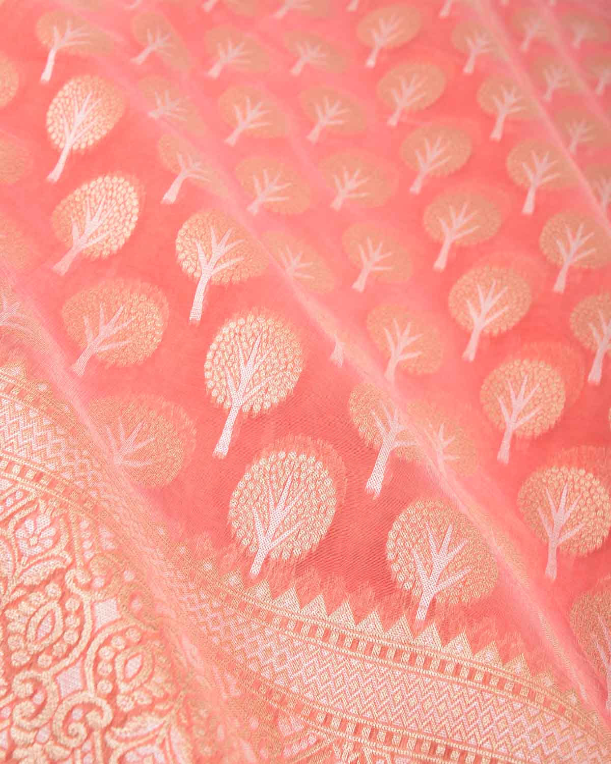 Peach Gold & Silver Zari Buti Cutwork Brocade Woven Art Cotton Silk Banarasi Saree-HolyWeaves