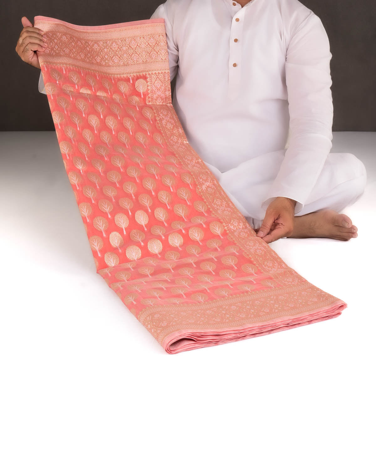 Peach Gold & Silver Zari Buti Cutwork Brocade Woven Art Cotton Silk Banarasi Saree-HolyWeaves