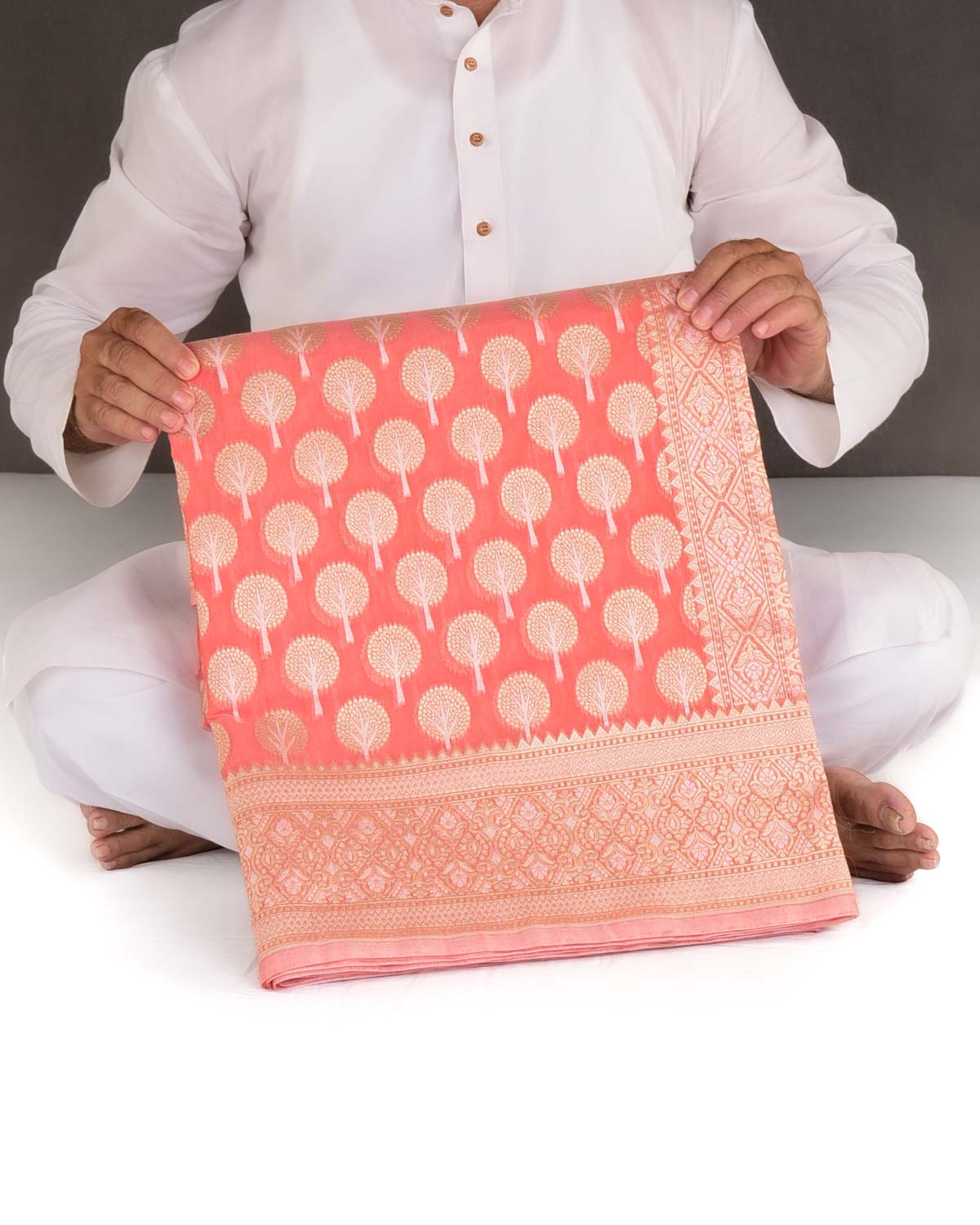 Peach Gold & Silver Zari Buti Cutwork Brocade Woven Art Cotton Silk Banarasi Saree-HolyWeaves