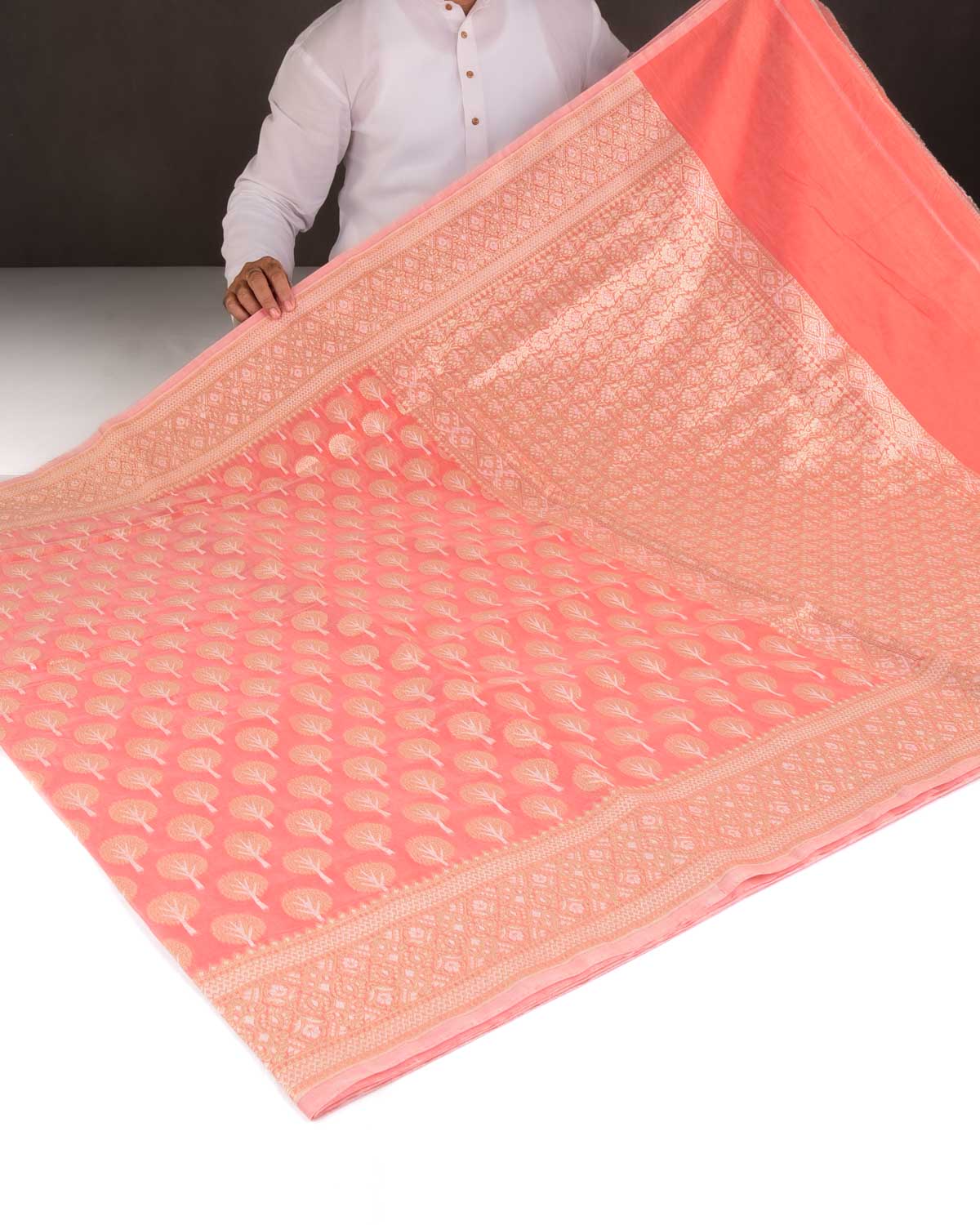 Peach Gold & Silver Zari Buti Cutwork Brocade Woven Art Cotton Silk Banarasi Saree-HolyWeaves