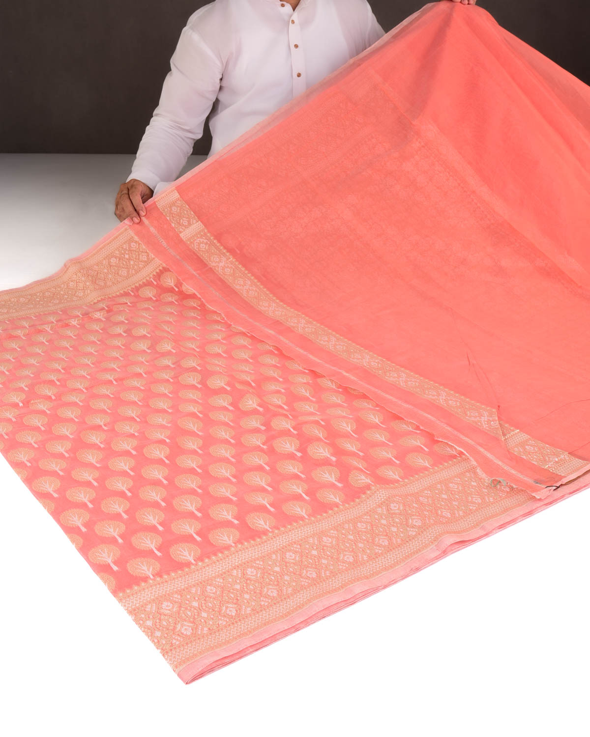 Peach Gold & Silver Zari Buti Cutwork Brocade Woven Art Cotton Silk Banarasi Saree-HolyWeaves