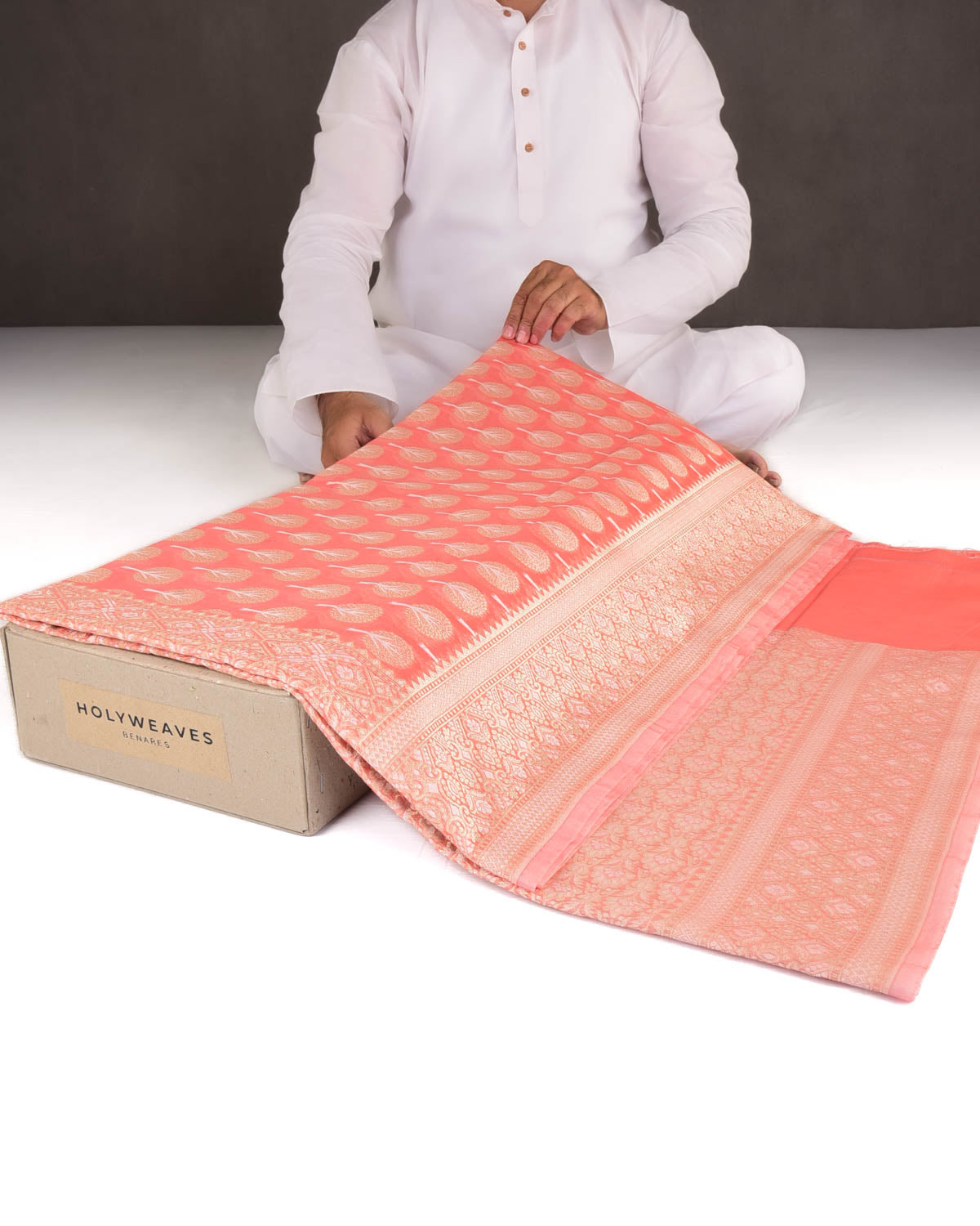 Peach Gold & Silver Zari Buti Cutwork Brocade Woven Art Cotton Silk Banarasi Saree-HolyWeaves