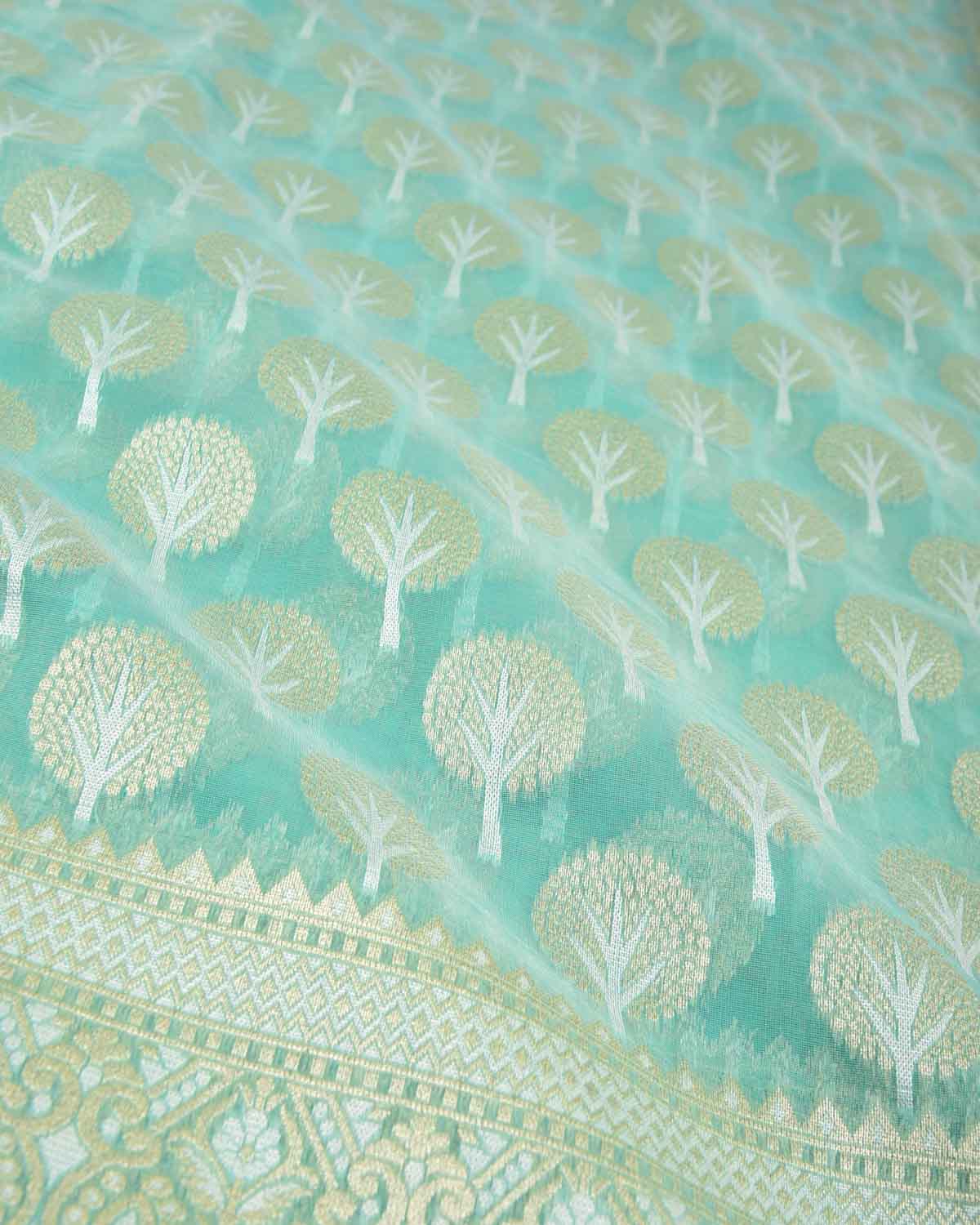 Aqua Marine Gold & Silver Zari Buti Cutwork Brocade Woven Art Cotton Silk Banarasi Saree-HolyWeaves