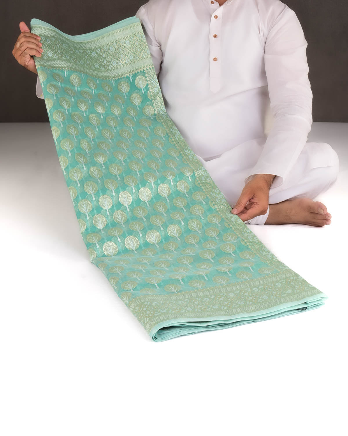 Aqua Marine Gold & Silver Zari Buti Cutwork Brocade Woven Art Cotton Silk Banarasi Saree-HolyWeaves
