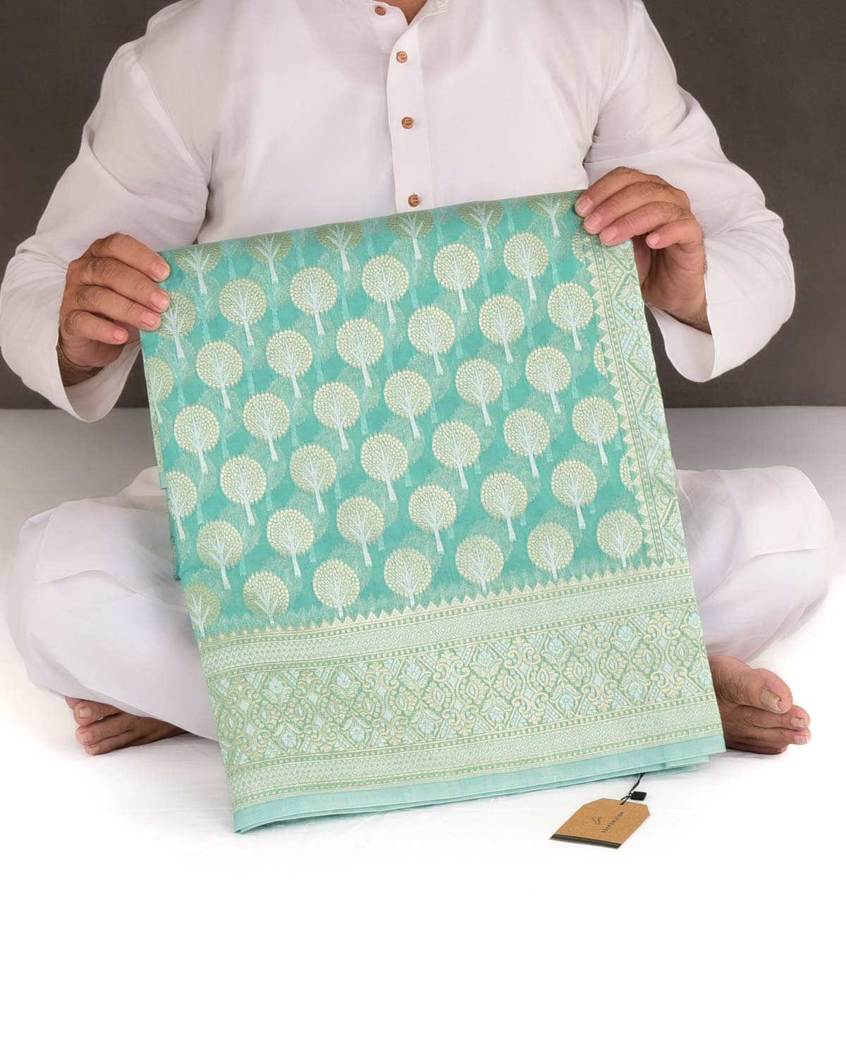 Aqua Marine Gold & Silver Zari Buti Cutwork Brocade Woven Art Cotton Silk Banarasi Saree-HolyWeaves