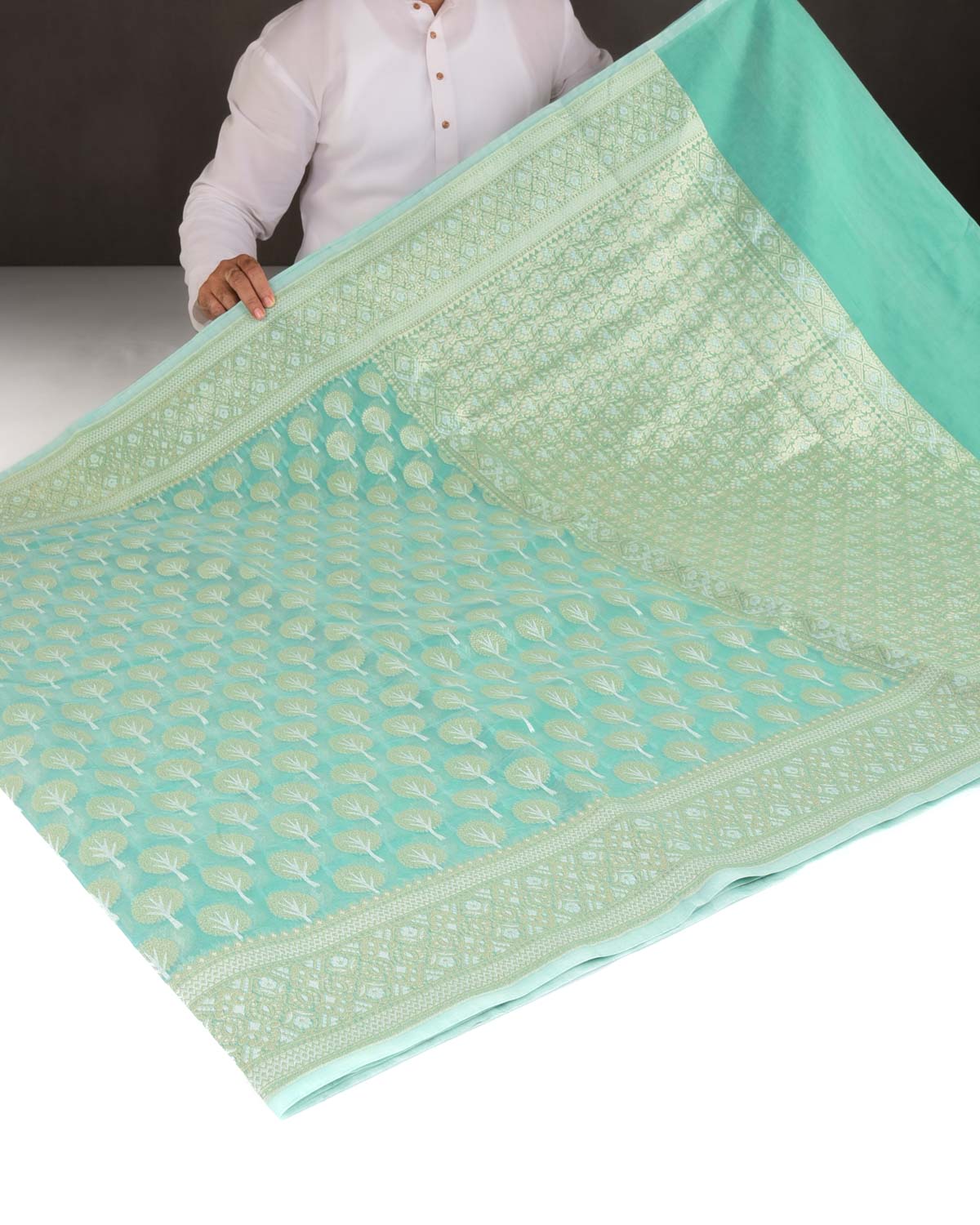 Aqua Marine Gold & Silver Zari Buti Cutwork Brocade Woven Art Cotton Silk Banarasi Saree-HolyWeaves