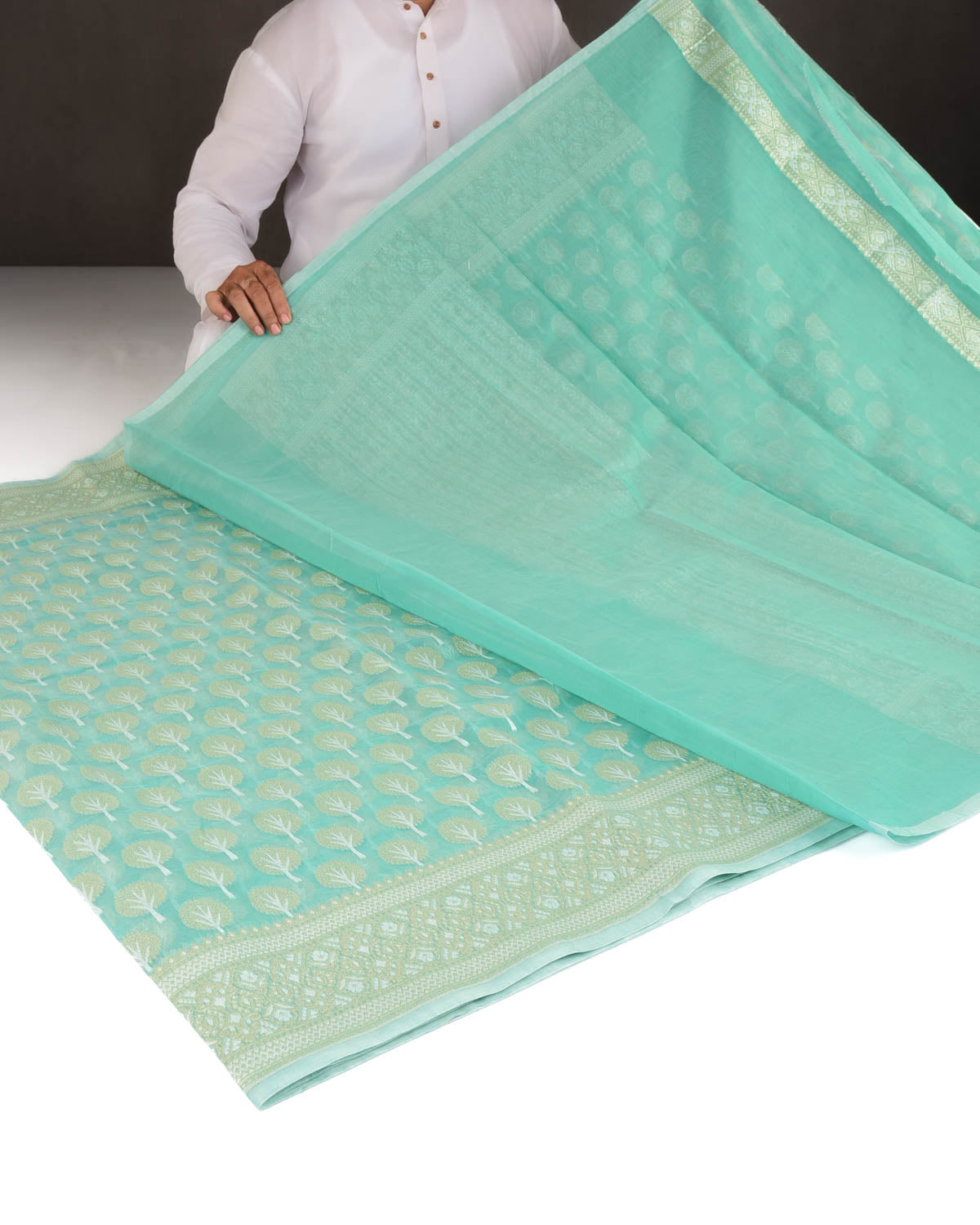 Aqua Marine Gold & Silver Zari Buti Cutwork Brocade Woven Art Cotton Silk Banarasi Saree-HolyWeaves
