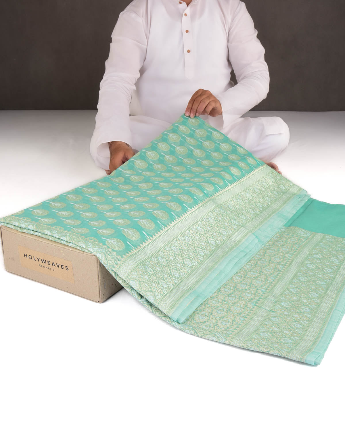 Aqua Marine Gold & Silver Zari Buti Cutwork Brocade Woven Art Cotton Silk Banarasi Saree-HolyWeaves