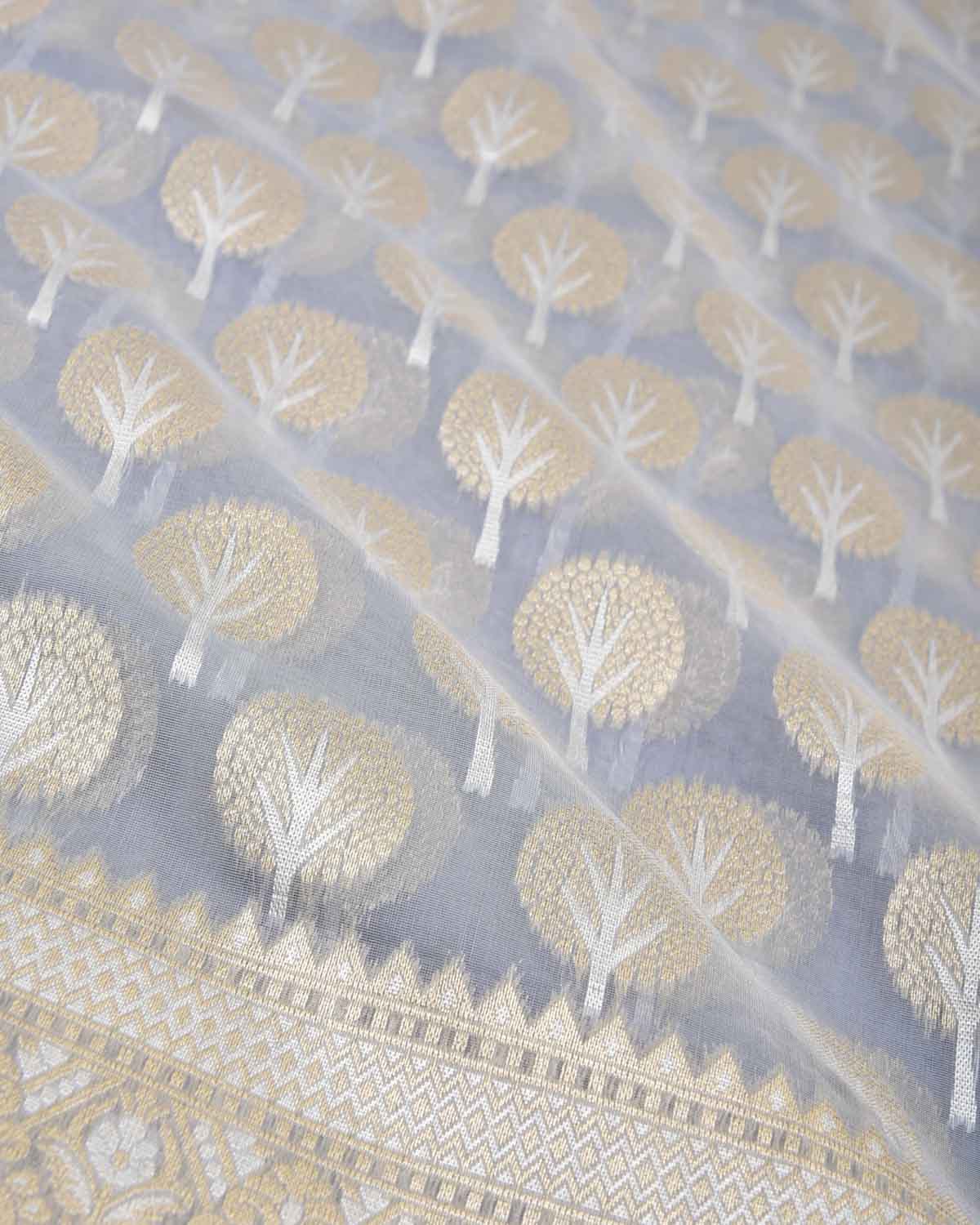 Gray Gold & Silver Zari Buti Cutwork Brocade Woven Art Cotton Silk Banarasi Saree-HolyWeaves