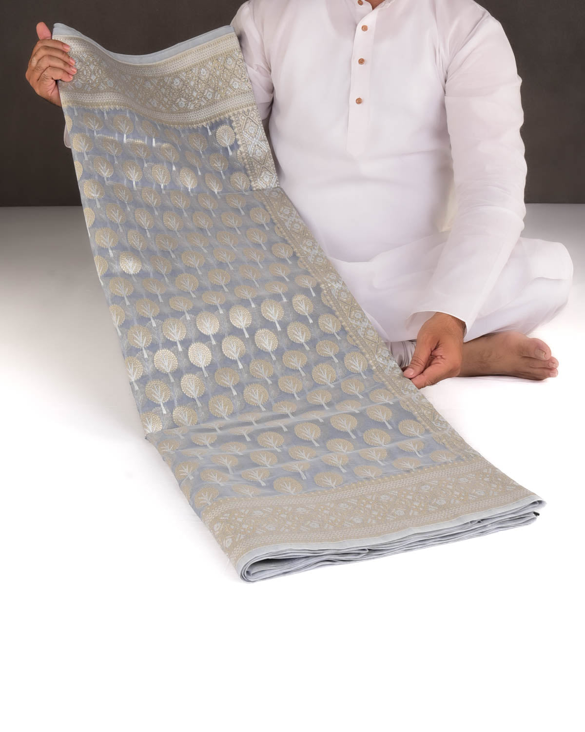 Gray Gold & Silver Zari Buti Cutwork Brocade Woven Art Cotton Silk Banarasi Saree-HolyWeaves