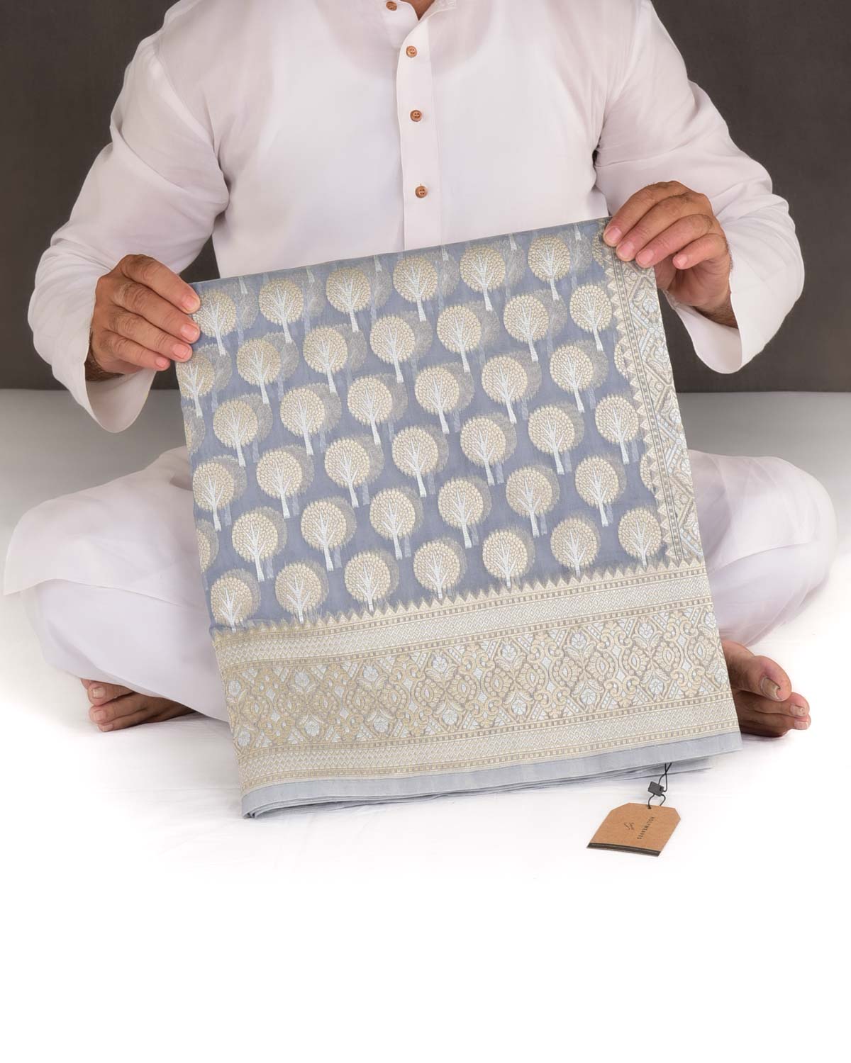 Gray Gold & Silver Zari Buti Cutwork Brocade Woven Art Cotton Silk Banarasi Saree-HolyWeaves