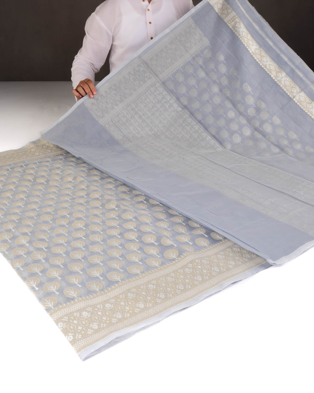 Gray Gold & Silver Zari Buti Cutwork Brocade Woven Art Cotton Silk Banarasi Saree-HolyWeaves