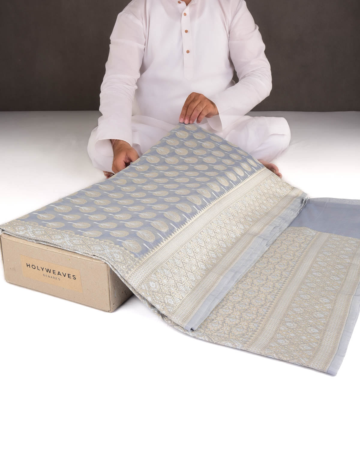 Gray Gold & Silver Zari Buti Cutwork Brocade Woven Art Cotton Silk Banarasi Saree-HolyWeaves