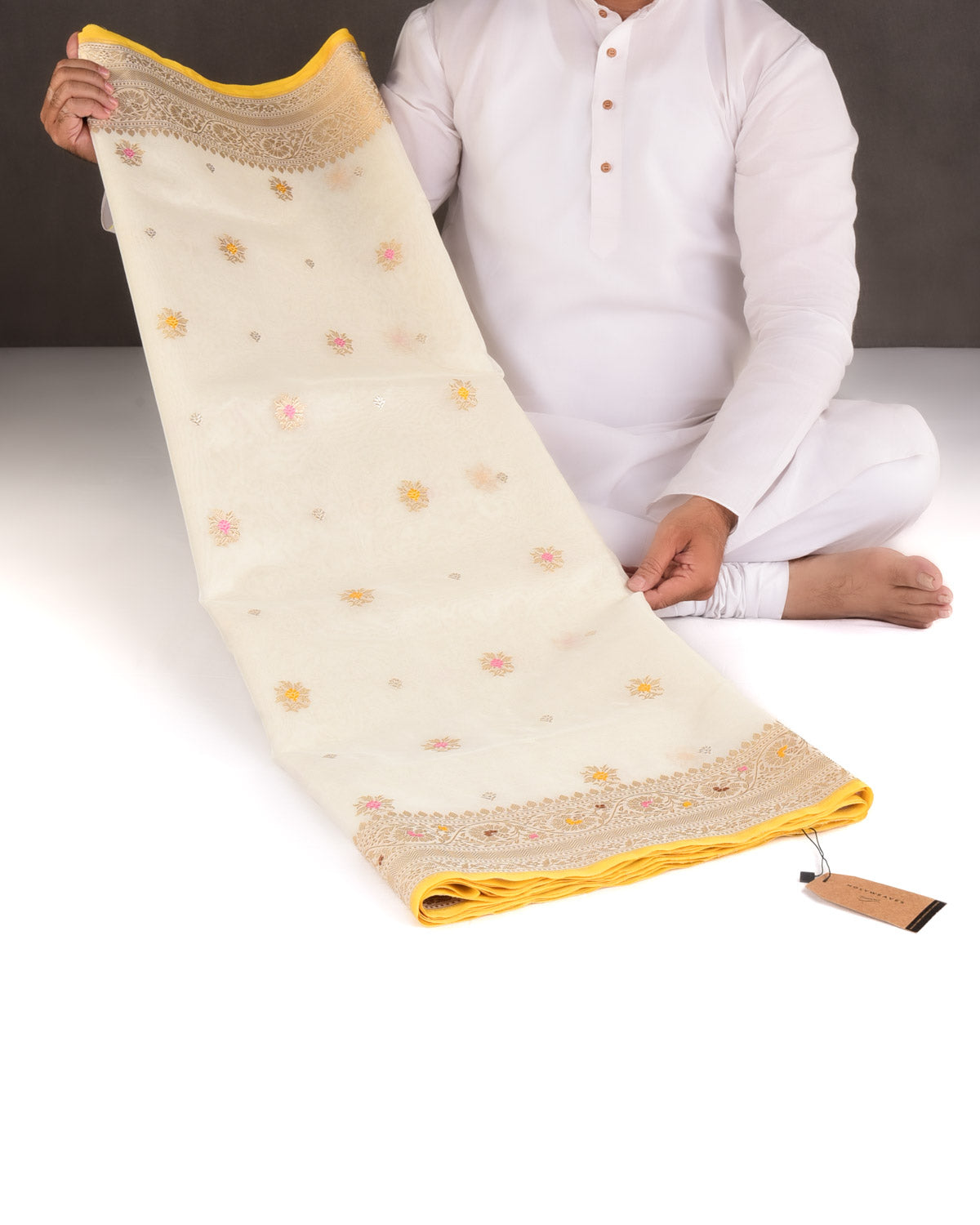 Ivory White Gold Zari & Meenekari Buti Kadhuan Brocade Handwoven Kora Silk Banarasi Saree-HolyWeaves