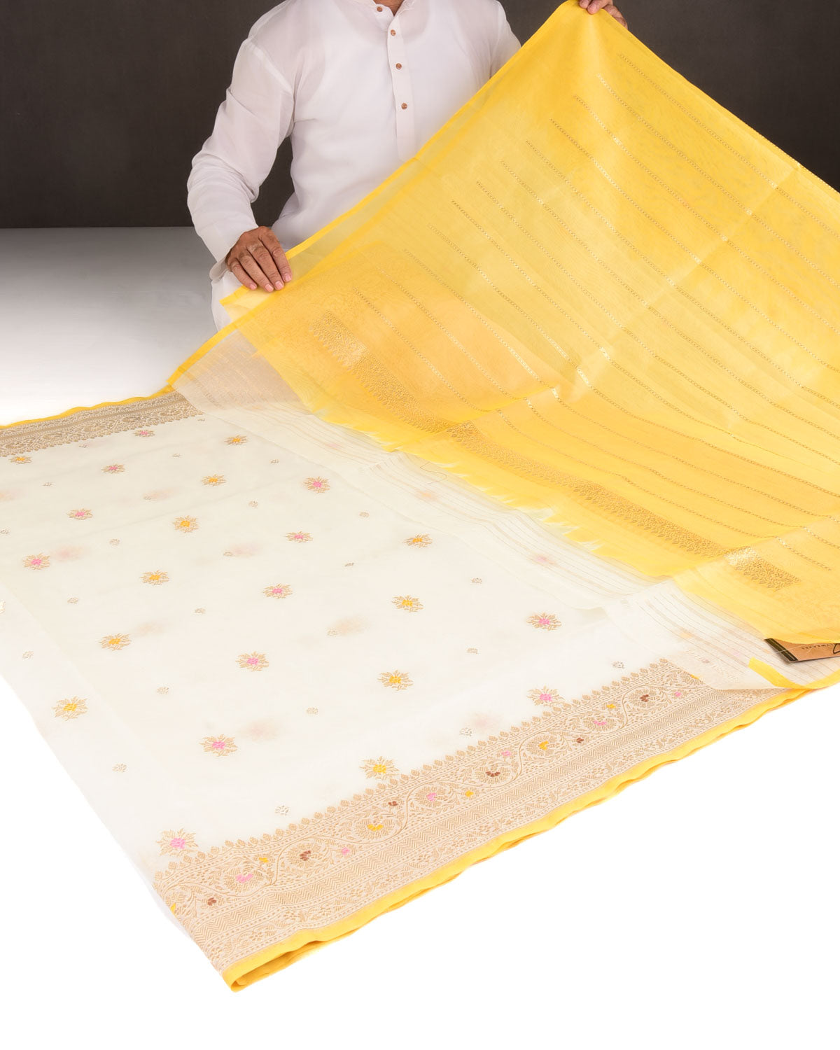 Ivory White Gold Zari & Meenekari Buti Kadhuan Brocade Handwoven Kora Silk Banarasi Saree-HolyWeaves