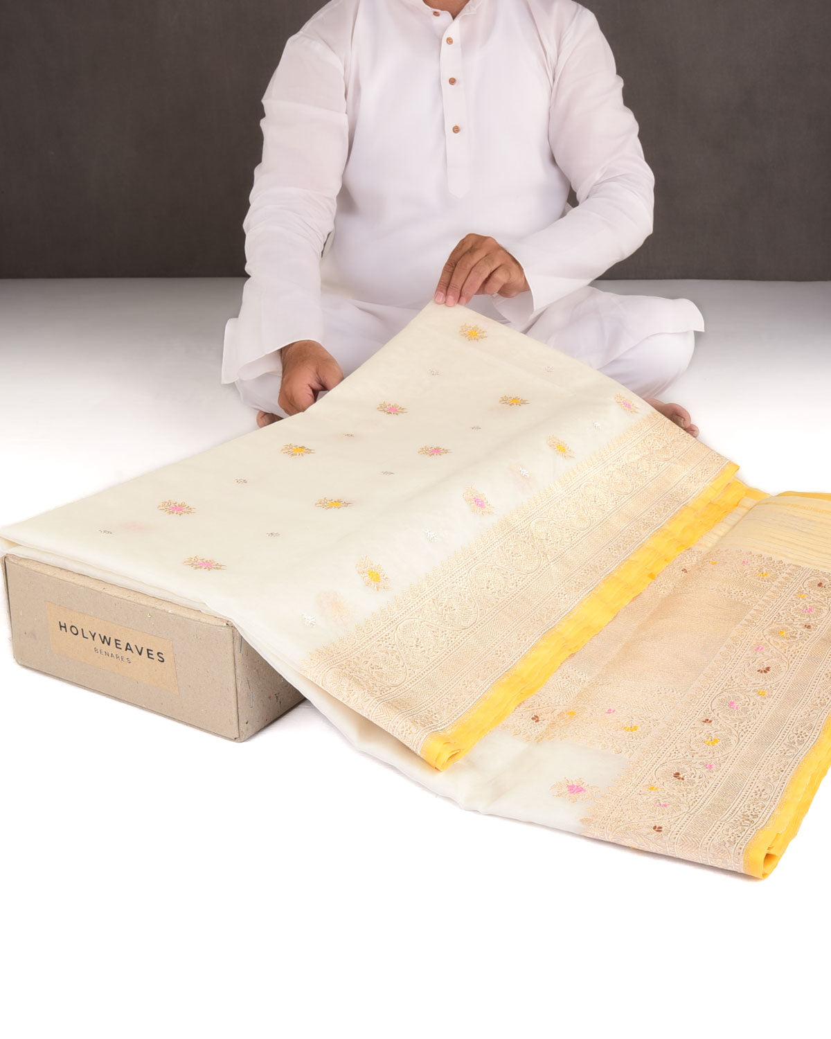 Ivory White Gold Zari & Meenekari Buti Kadhuan Brocade Handwoven Kora Silk Banarasi Saree-HolyWeaves
