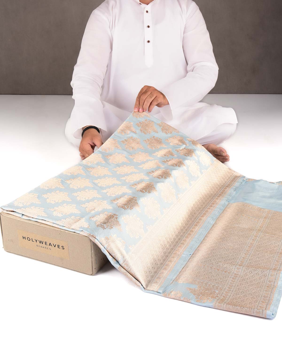 Powder Blue Gold Zari Gulab Buta Cutwork Brocade Handwoven Katan Silk Banarasi Saree