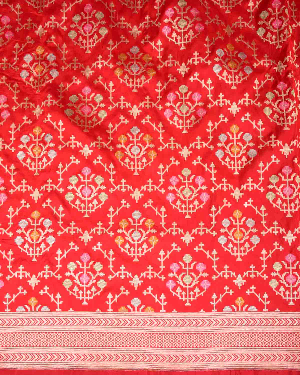Red Tehra Floral Jaal Cutwork Brocade Handwoven Katan Silk Banarasi Saree-HolyWeaves