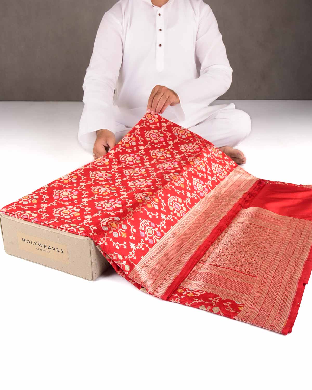 Red Tehra Floral Jaal Cutwork Brocade Handwoven Katan Silk Banarasi Saree-HolyWeaves