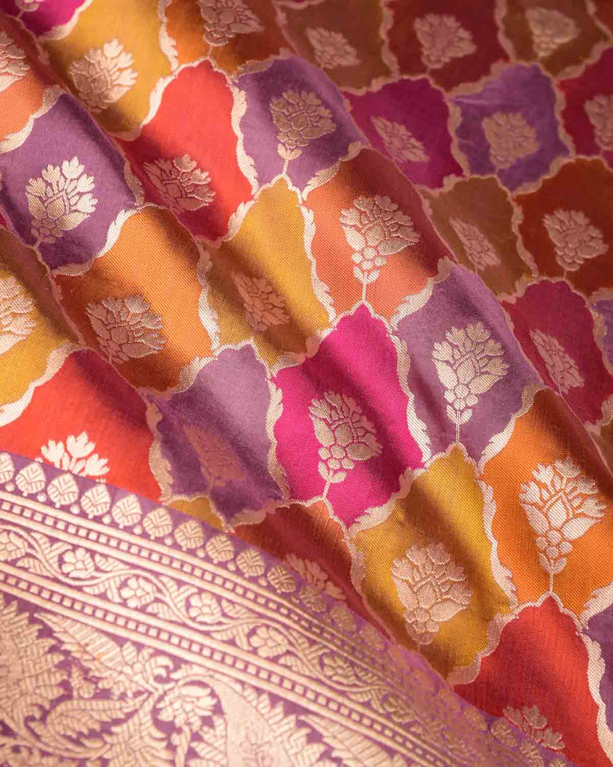 Multi-color Rangkaat-Style Cutwork Brocade Handwoven Katan Silk Banarasi Saree-HolyWeaves