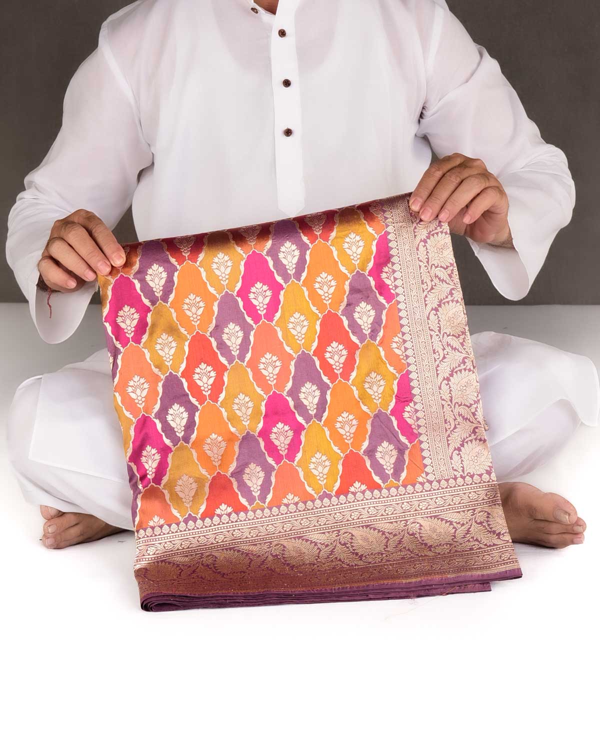 Multi-color Rangkaat-Style Cutwork Brocade Handwoven Katan Silk Banarasi Saree-HolyWeaves