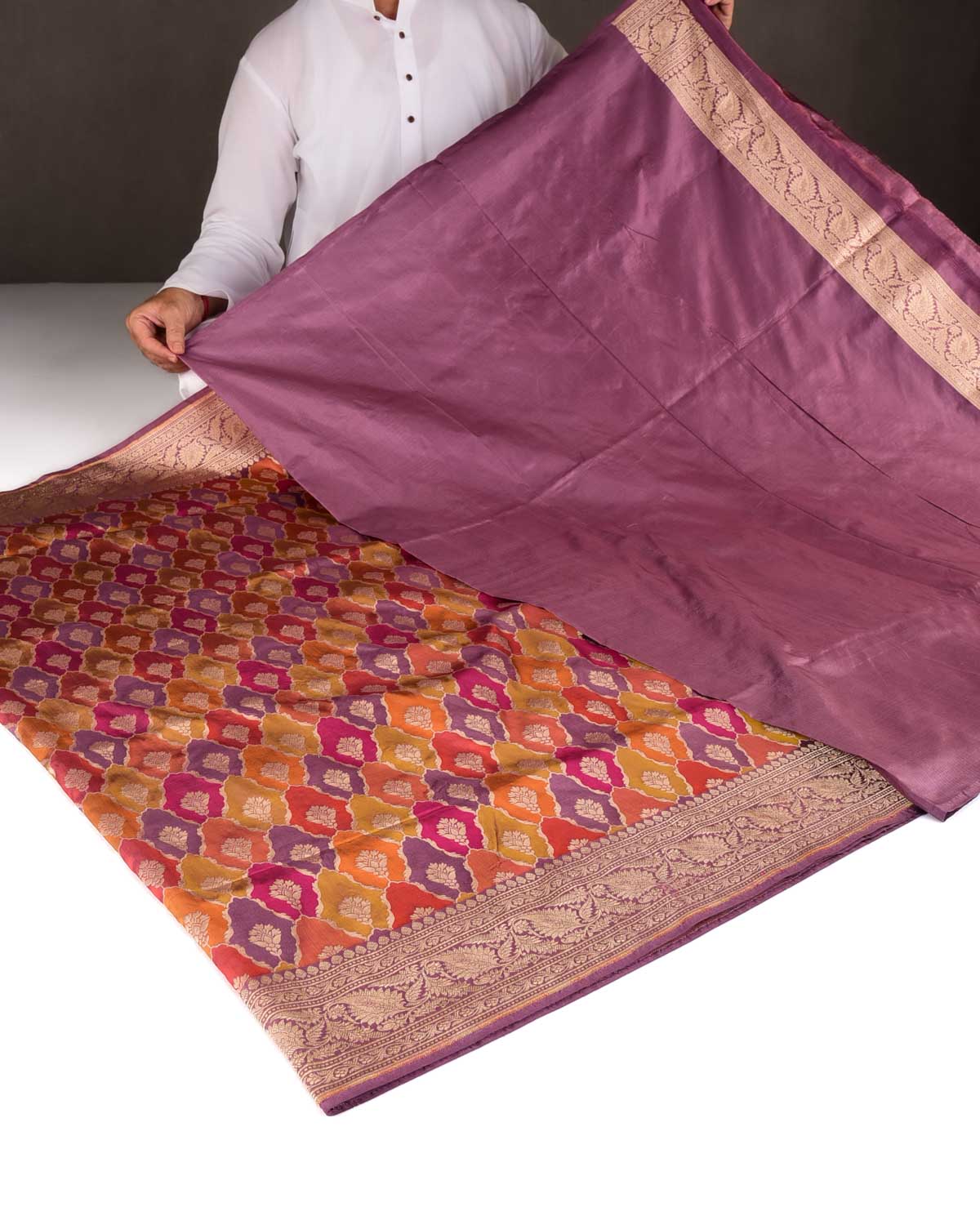 Multi-color Rangkaat-Style Cutwork Brocade Handwoven Katan Silk Banarasi Saree-HolyWeaves