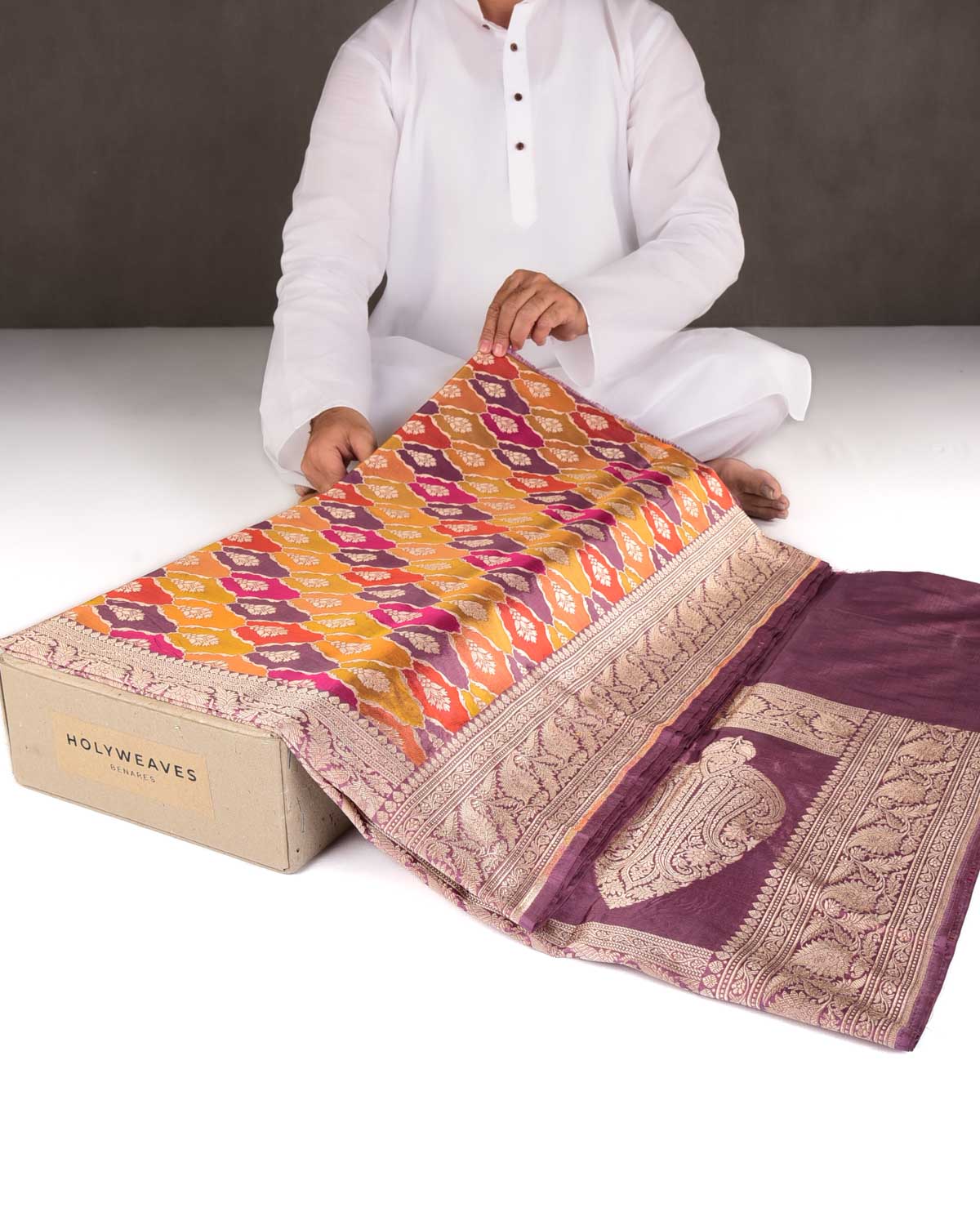 Multi-color Rangkaat-Style Cutwork Brocade Handwoven Katan Silk Banarasi Saree-HolyWeaves