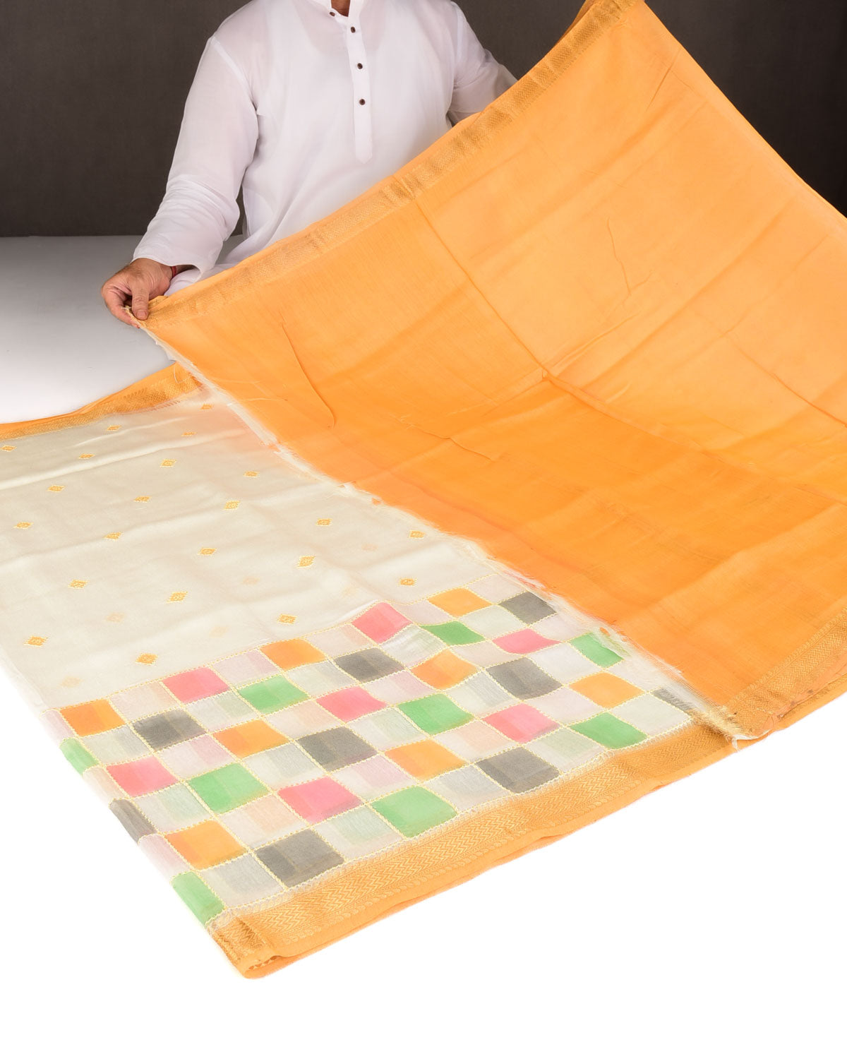 Ivory White Chequered Hand Brush Dye Brocade Cotton Silk Banarasi Saree with Yellow Border Pallu-HolyWeaves