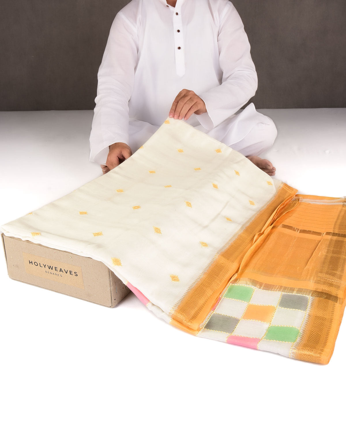 Ivory White Chequered Hand Brush Dye Brocade Cotton Silk Banarasi Saree with Yellow Border Pallu-HolyWeaves