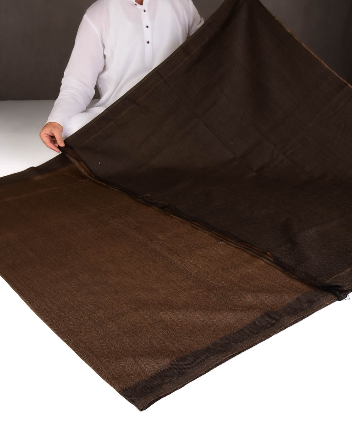 Brown WATERMARK Illusion Waves Tanchoi Handwoven Silk-Wool Banarasi Saree-HolyWeaves