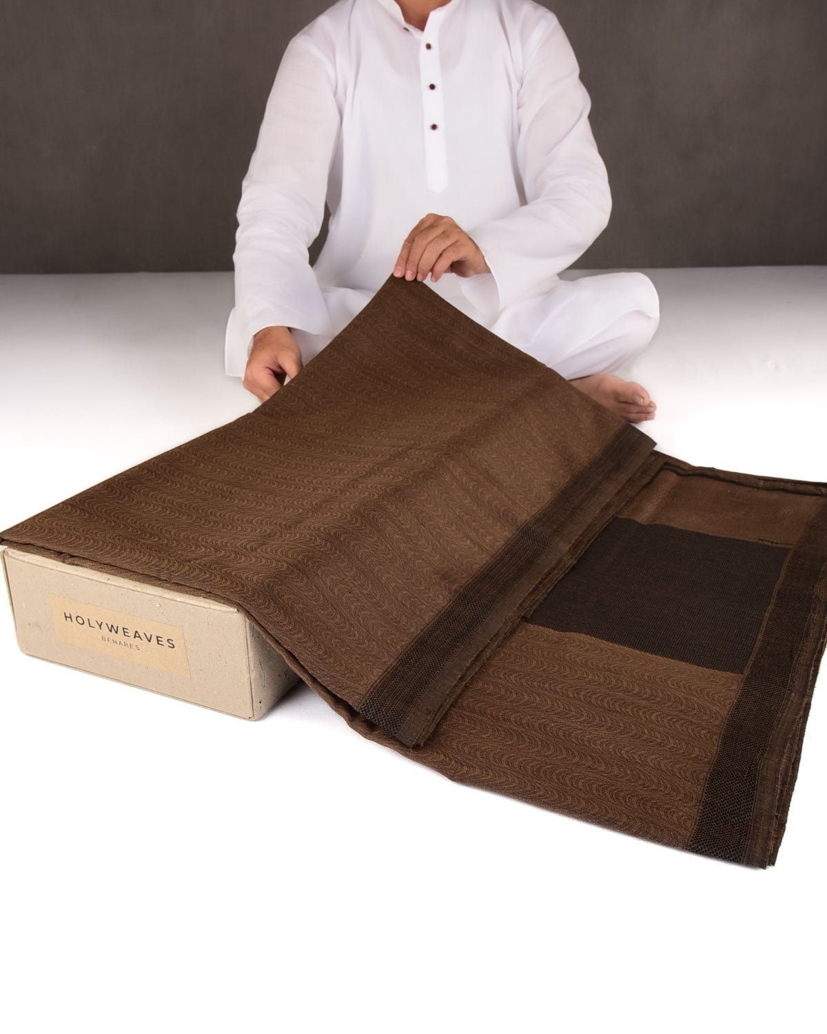 Brown WATERMARK Illusion Waves Tanchoi Handwoven Silk-Wool Banarasi Saree-HolyWeaves