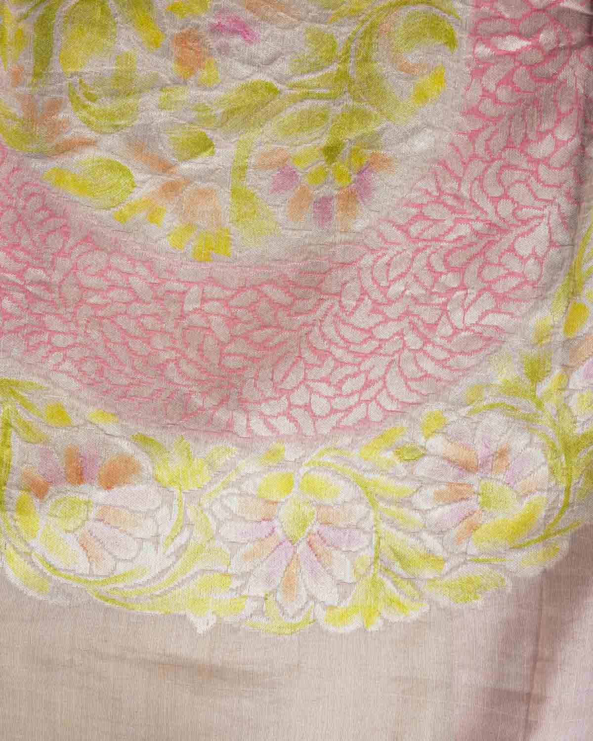 Beige Hand Brushed Big Pallu Cutwork Brocade Woven Tissue Georgette Banarasi Saree-HolyWeaves