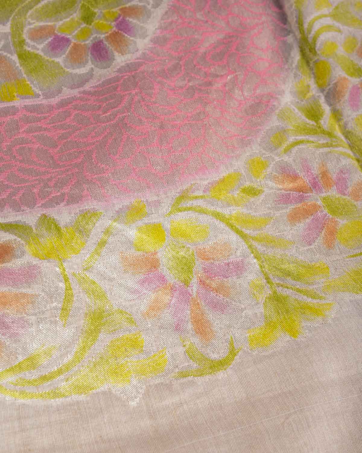 Beige Hand Brushed Big Pallu Cutwork Brocade Woven Tissue Georgette Banarasi Saree-HolyWeaves