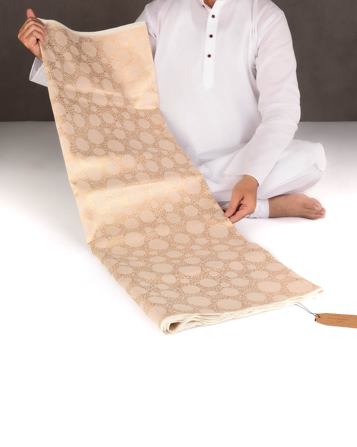 Ivory White Abstract Spherical Geometric Brocade Woven Cotton Silk Banarasi Saree-HolyWeaves