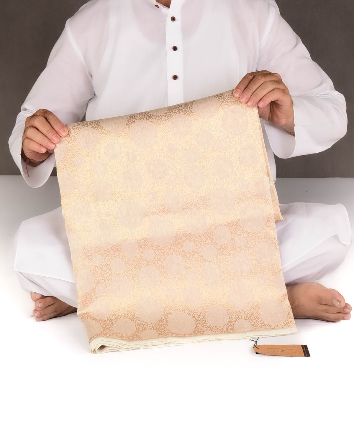 Ivory White Abstract Spherical Geometric Brocade Woven Cotton Silk Banarasi Saree-HolyWeaves