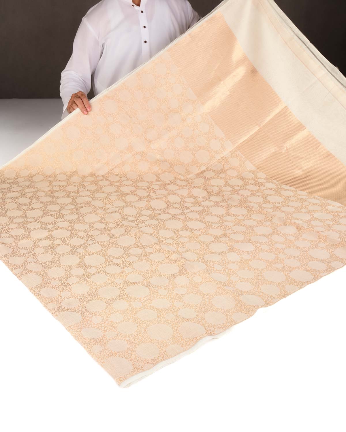 Ivory White Abstract Spherical Geometric Brocade Woven Cotton Silk Banarasi Saree-HolyWeaves