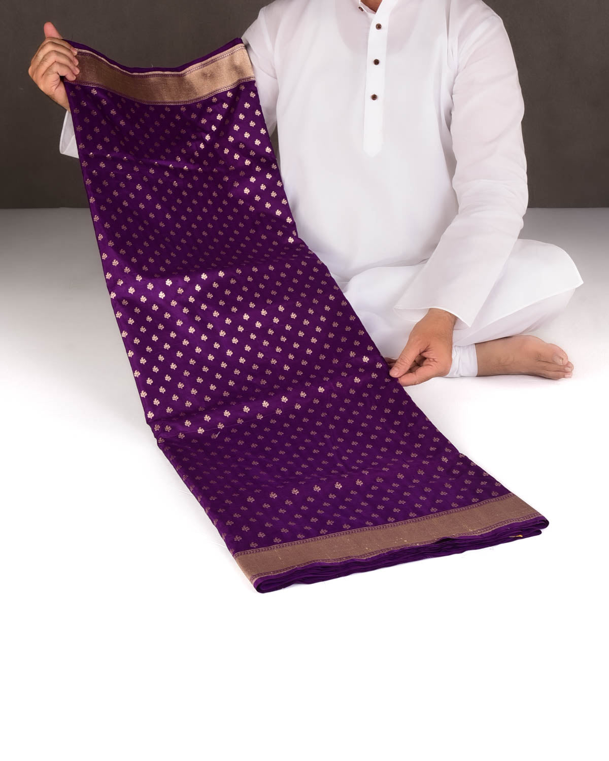 Purple Gold Zari Buti Cutwork Brocade Handwoven Katan Silk Banarasi Saree-HolyWeaves