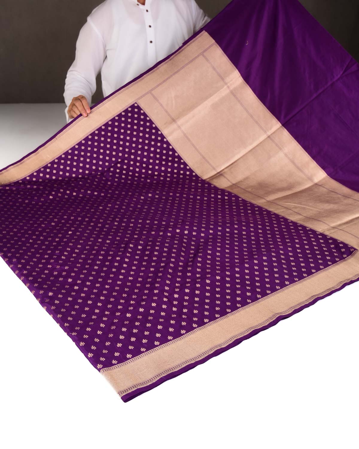 Purple Gold Zari Buti Cutwork Brocade Handwoven Katan Silk Banarasi Saree-HolyWeaves