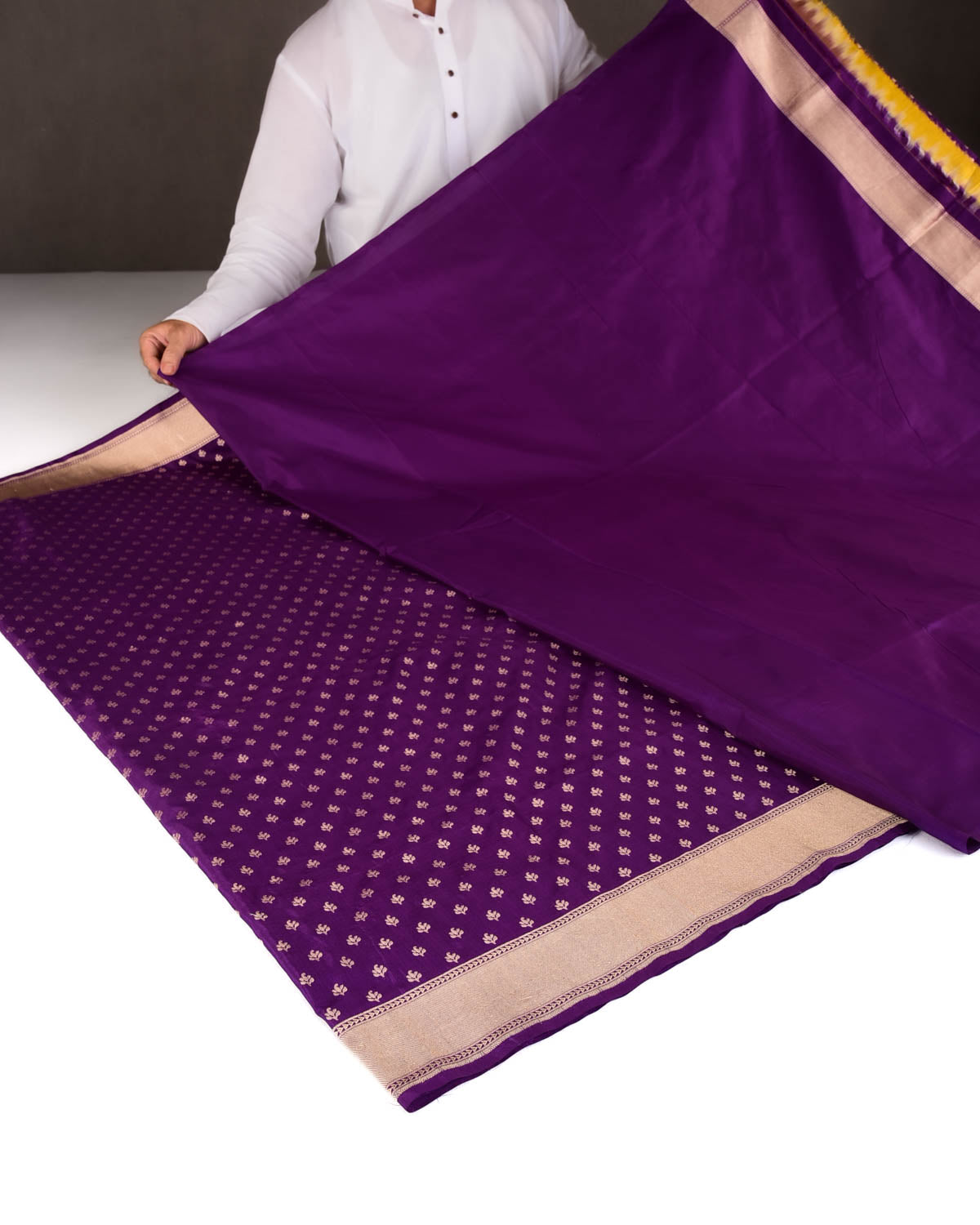 Purple Gold Zari Buti Cutwork Brocade Handwoven Katan Silk Banarasi Saree-HolyWeaves