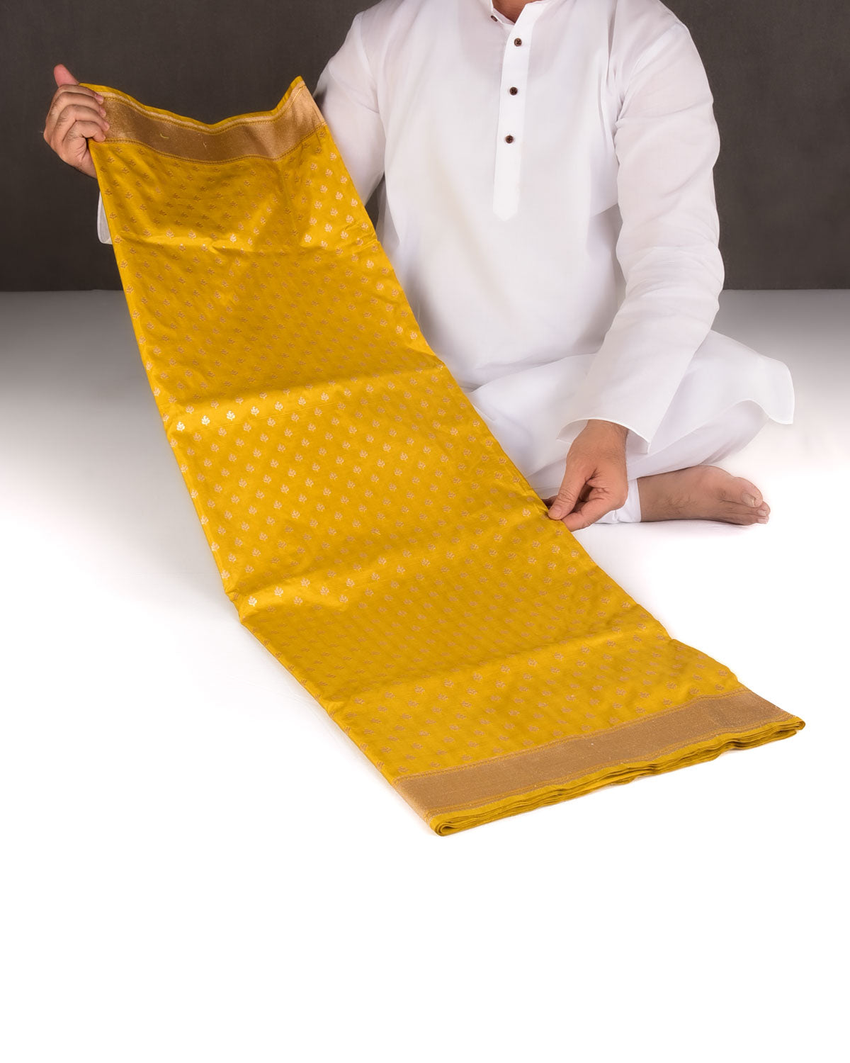 Mustard Yellow Gold Zari Buti Cutwork Brocade Handwoven Katan Silk Banarasi Saree-HolyWeaves